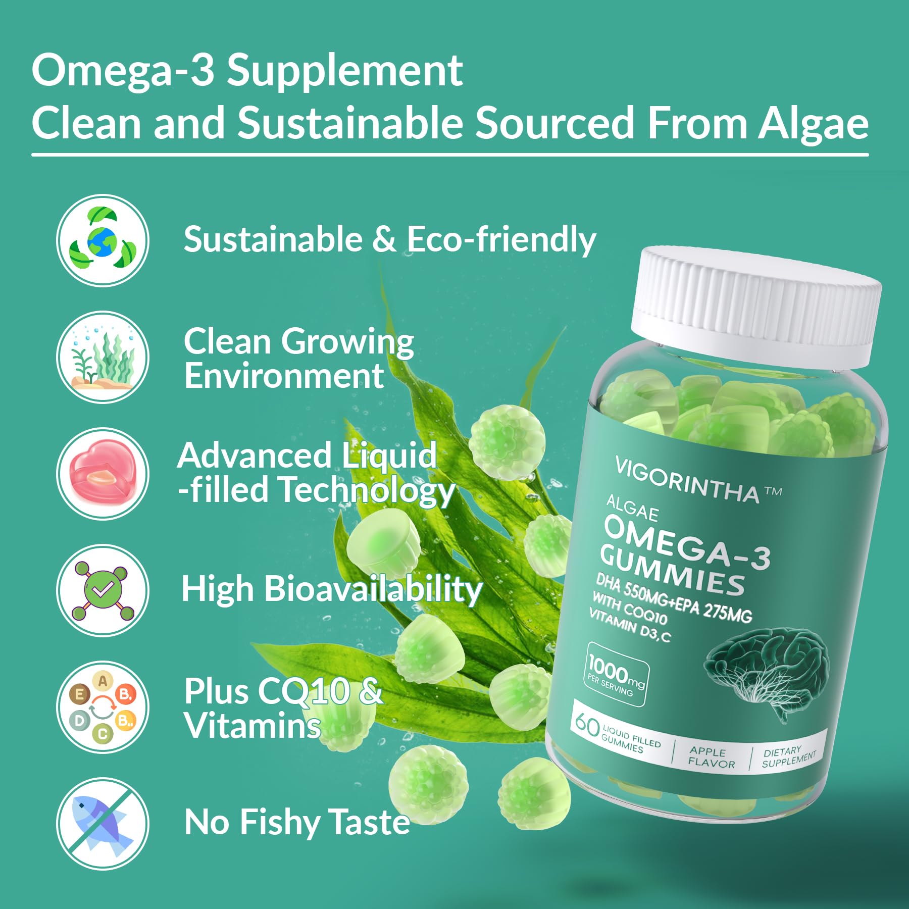 Boîte Vigorintha Omega-3 vert emballage, option végétale sans poisson pour le quotidien.