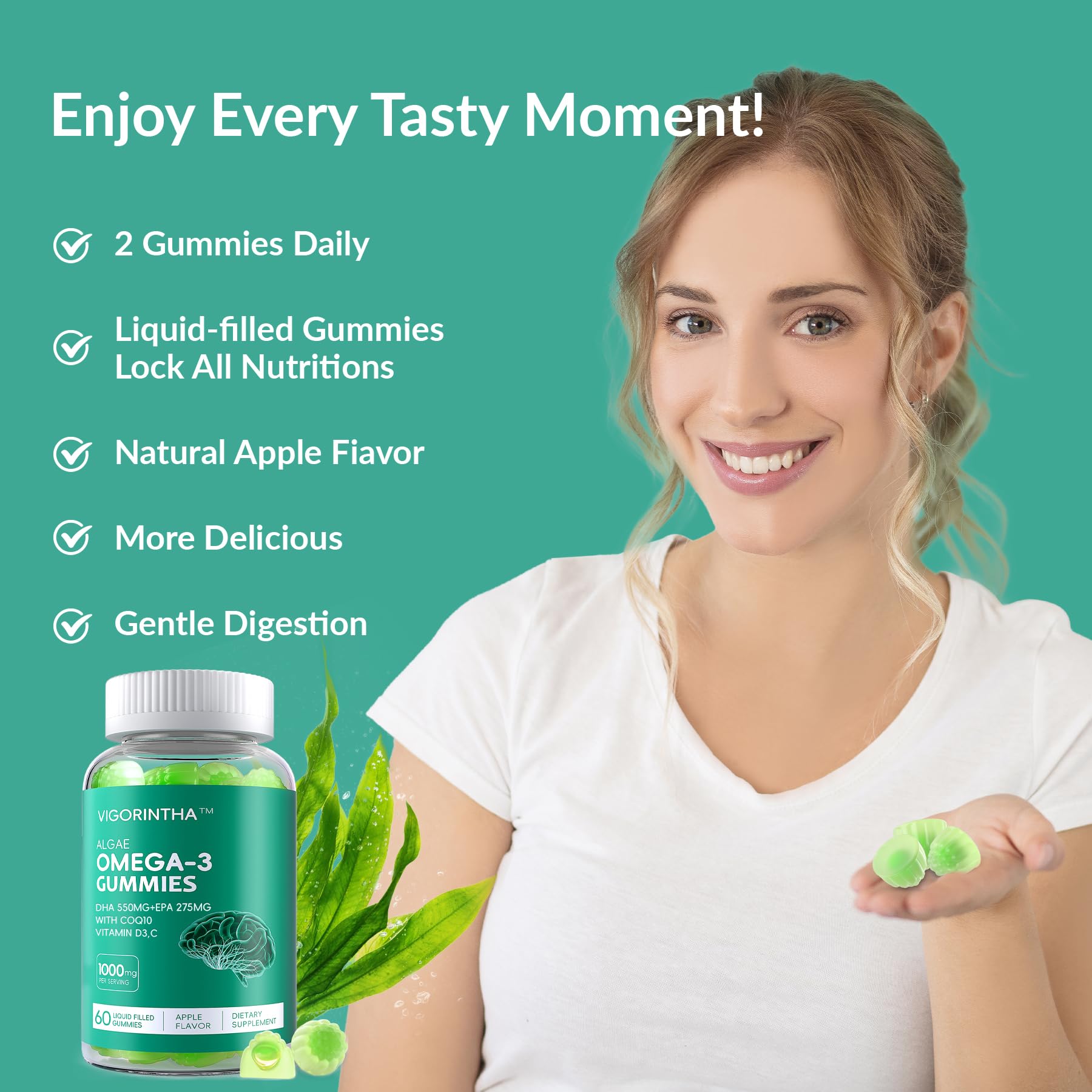 Étiquette écologique sur l’emballage Vigorintha Omega-3, pratique au quotidien sans sucre.