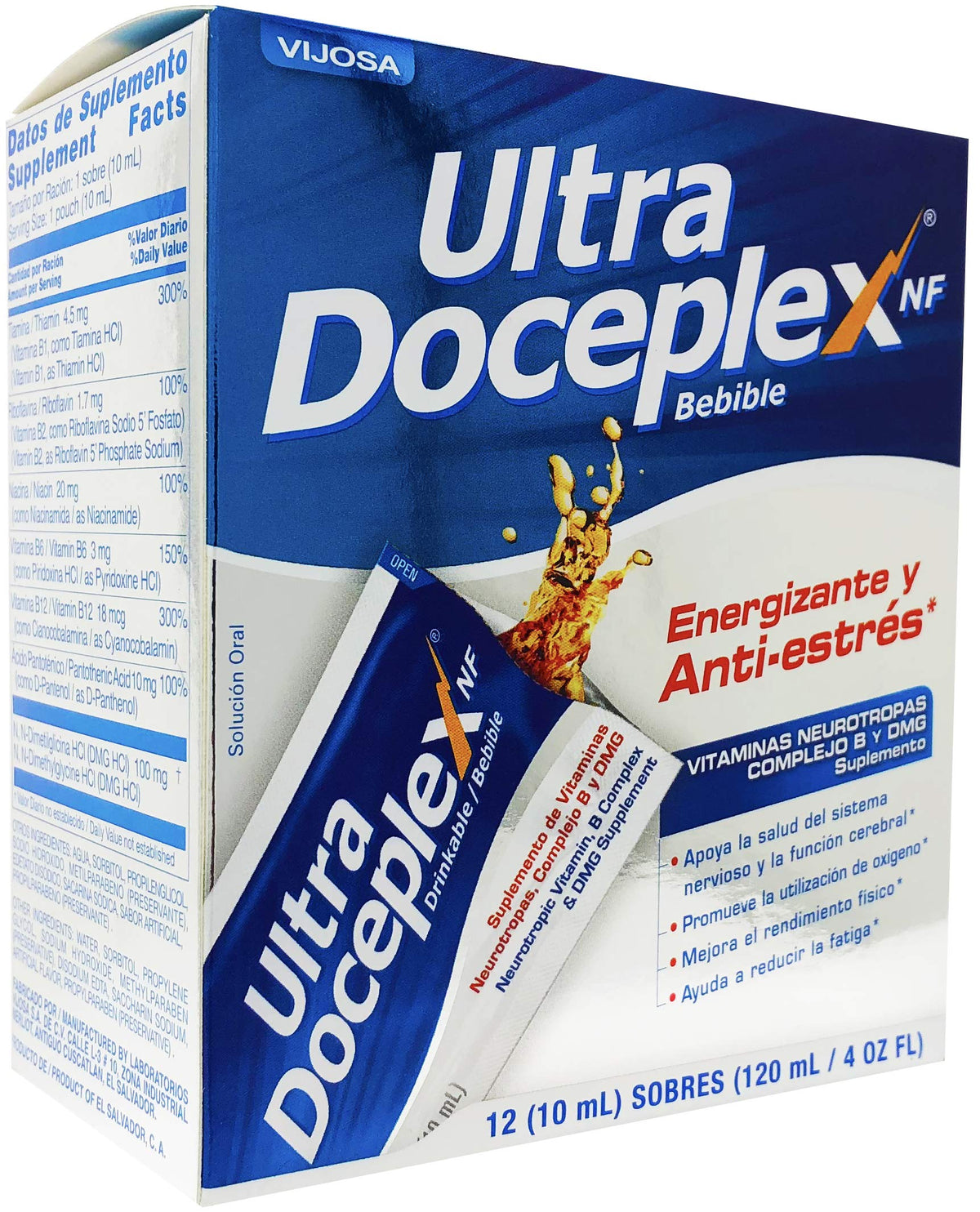 VIJOSA Ultra Doceplex Énergie Poche en train de verser, soutien énergisant potentiel utile.