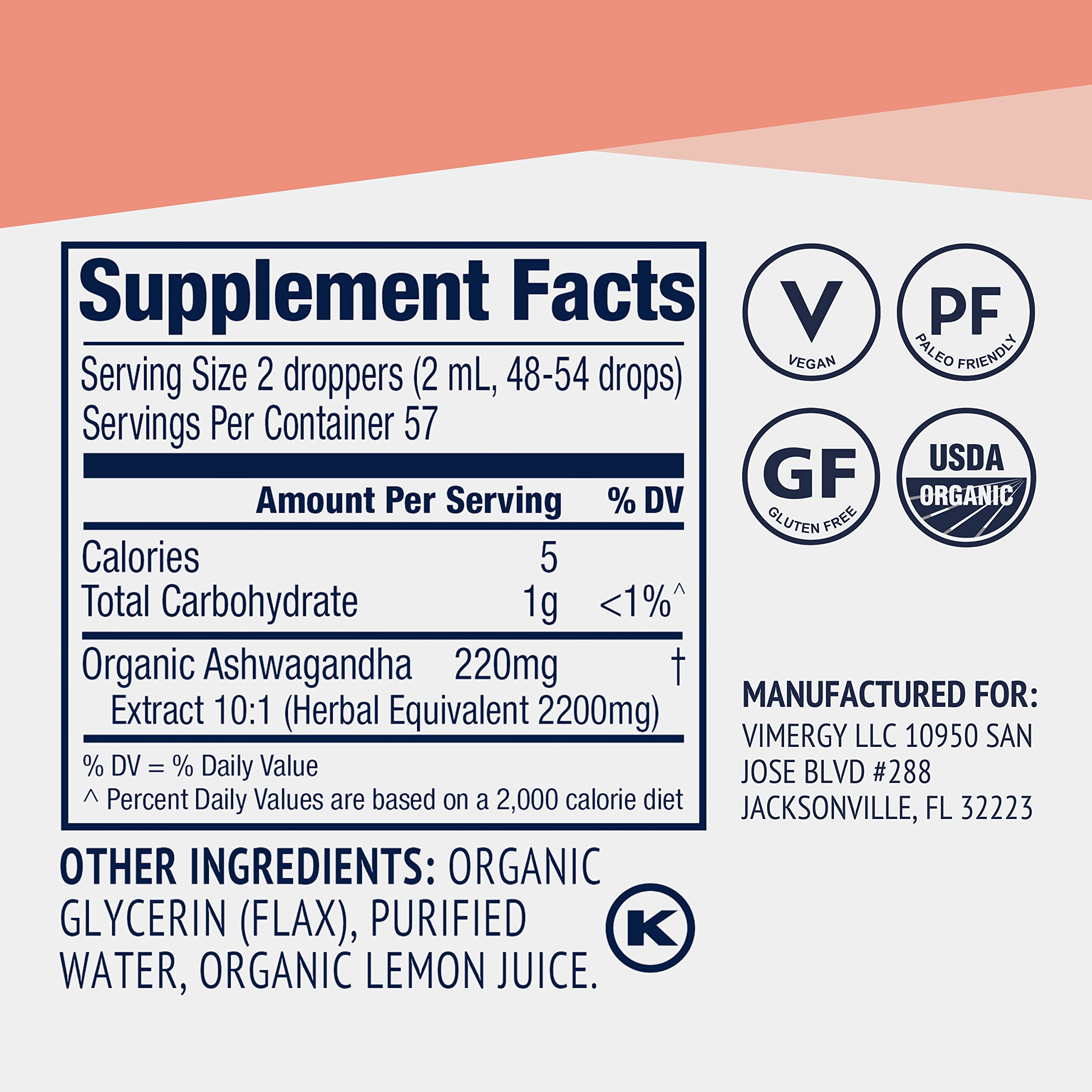Flacon Vimergy Ashwagandha Extrait avec étiquette clean-label et pureté des ingrédients