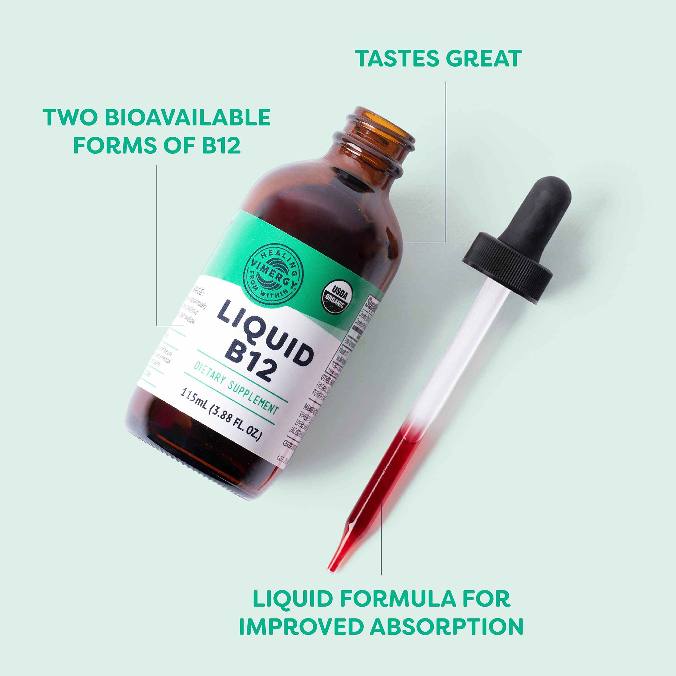 Étiquette USDA Biologique sur Vimergy B12, preuve de qualité et pureté.
