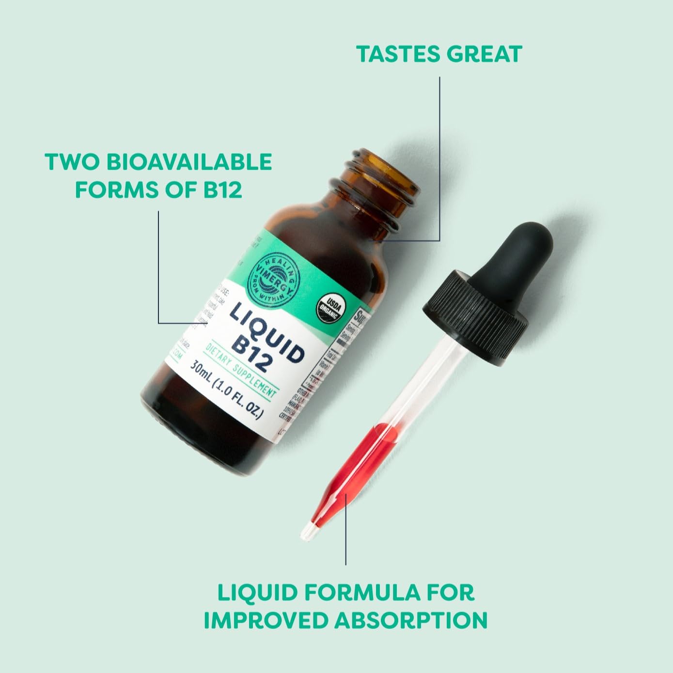 Flacon-doseur Vimergy B12, dosage précis et pratique au quotidien.