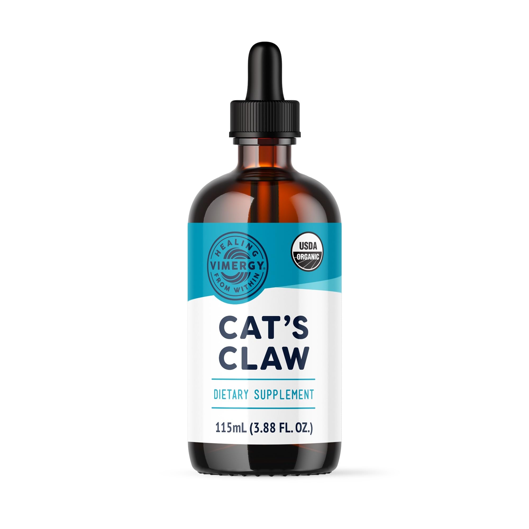 Vimergy Cat’s Claw liquide, flacon gouttes, facile à prendre dans eau ou jus.