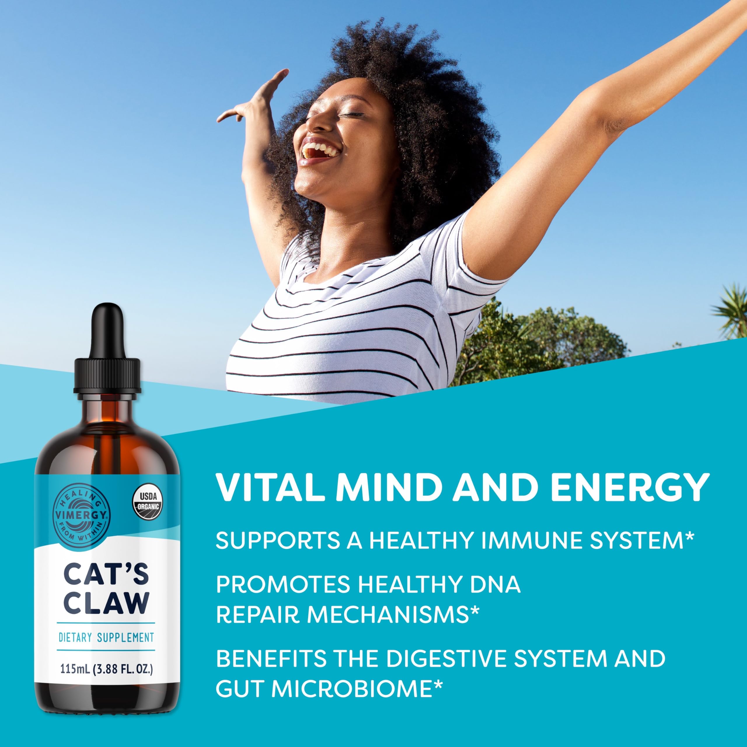 Vimergy Cat’s Claw liquide, dosage goutte, pratique pour intégration quotidienne.