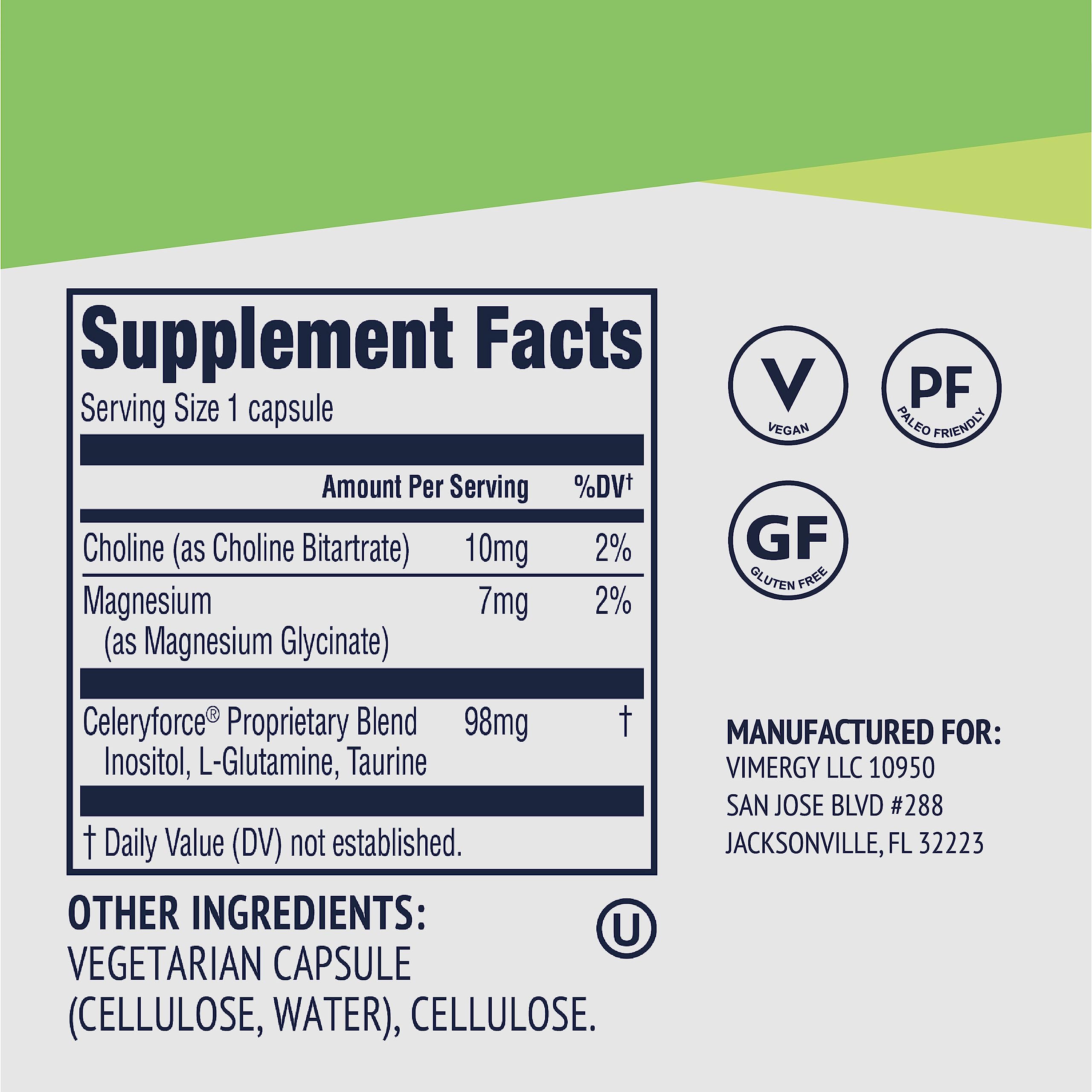 Vimergy Celeryforce : emballage propre et capsules véganes faciles à avaler.