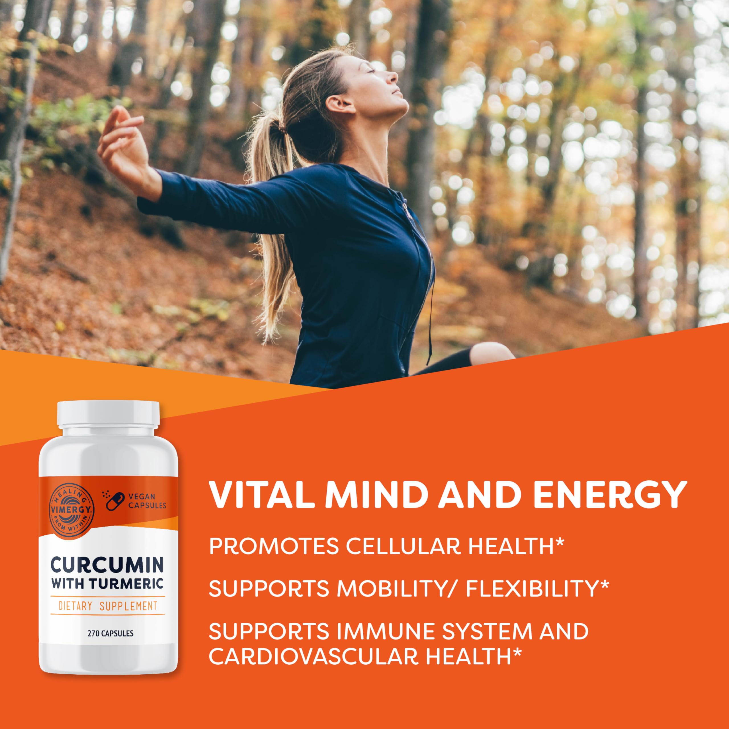 Vimergy Curcumin capsules riches en curcuminoïdes et curcuma pour une formulation efficace.