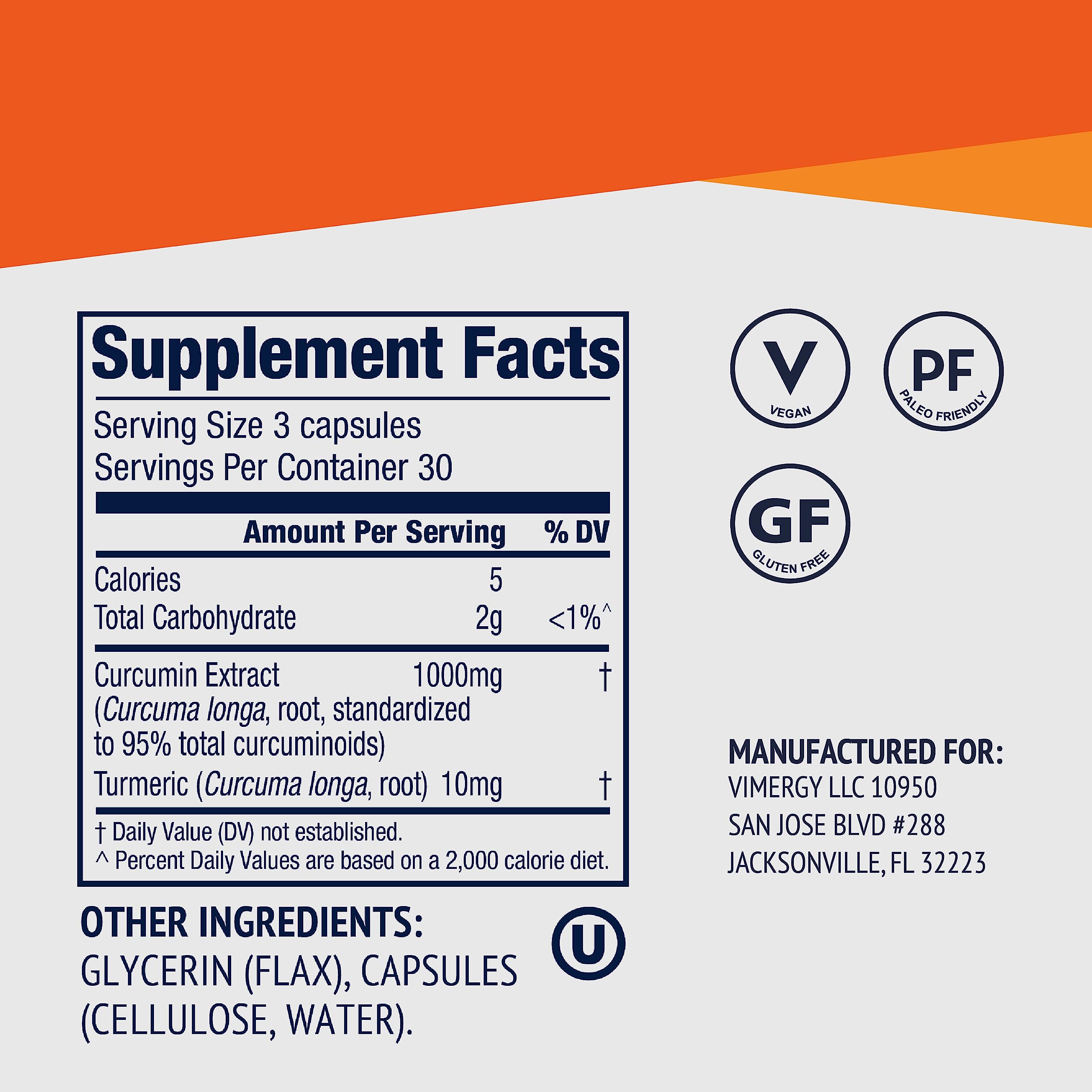 Formulation liquide Vimergy Curcumin Turmeric, stabilité et biodisponibilité améliorées.