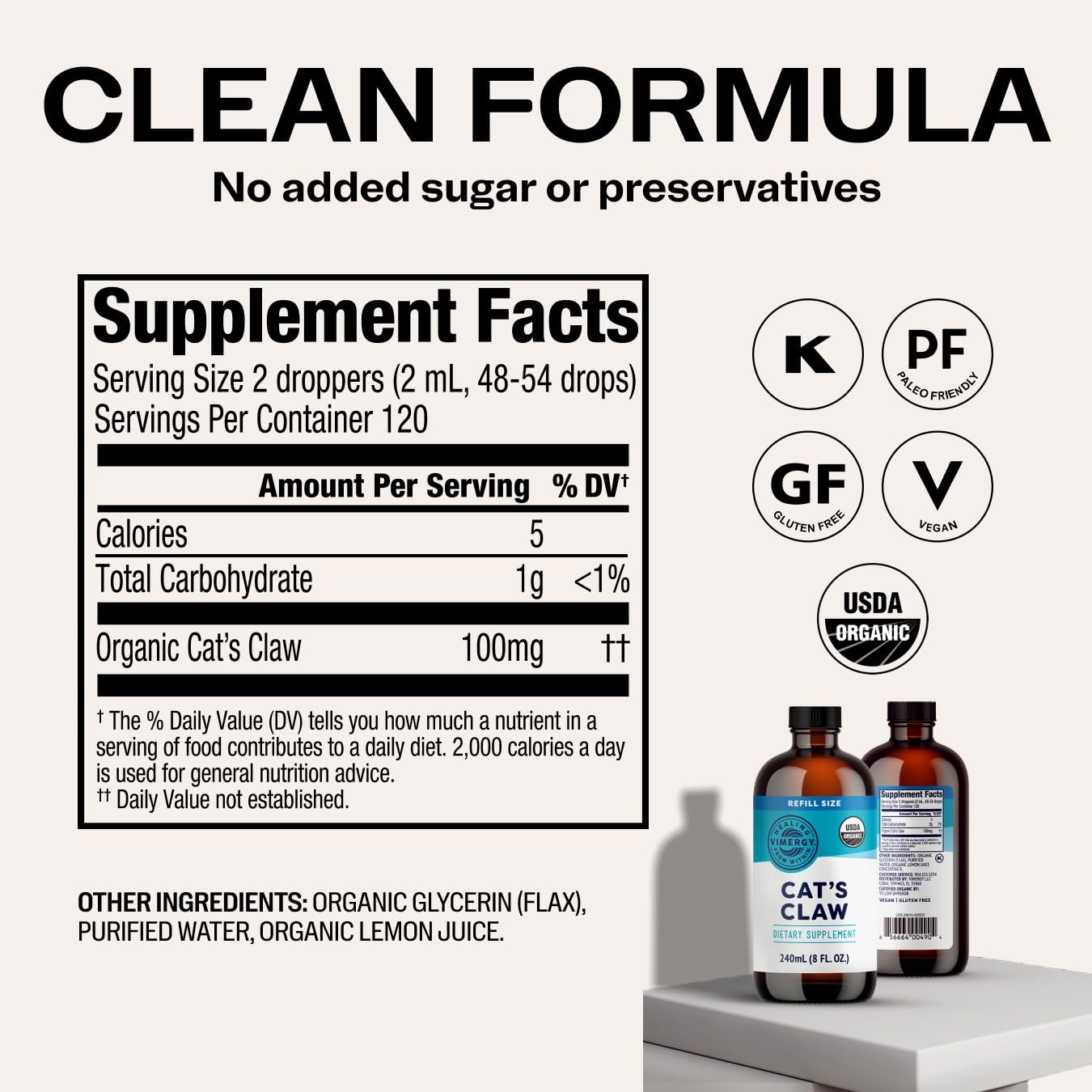 Certifié biologique et sans OGM, Vimergy Griffe du chat liquide, option végane.