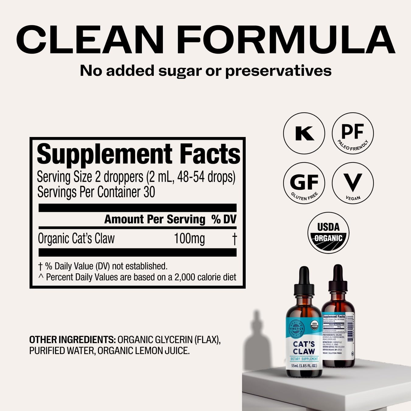 Vimergy Griffe du Chat liquide – étiquette bio, formule végane et sans OGM.