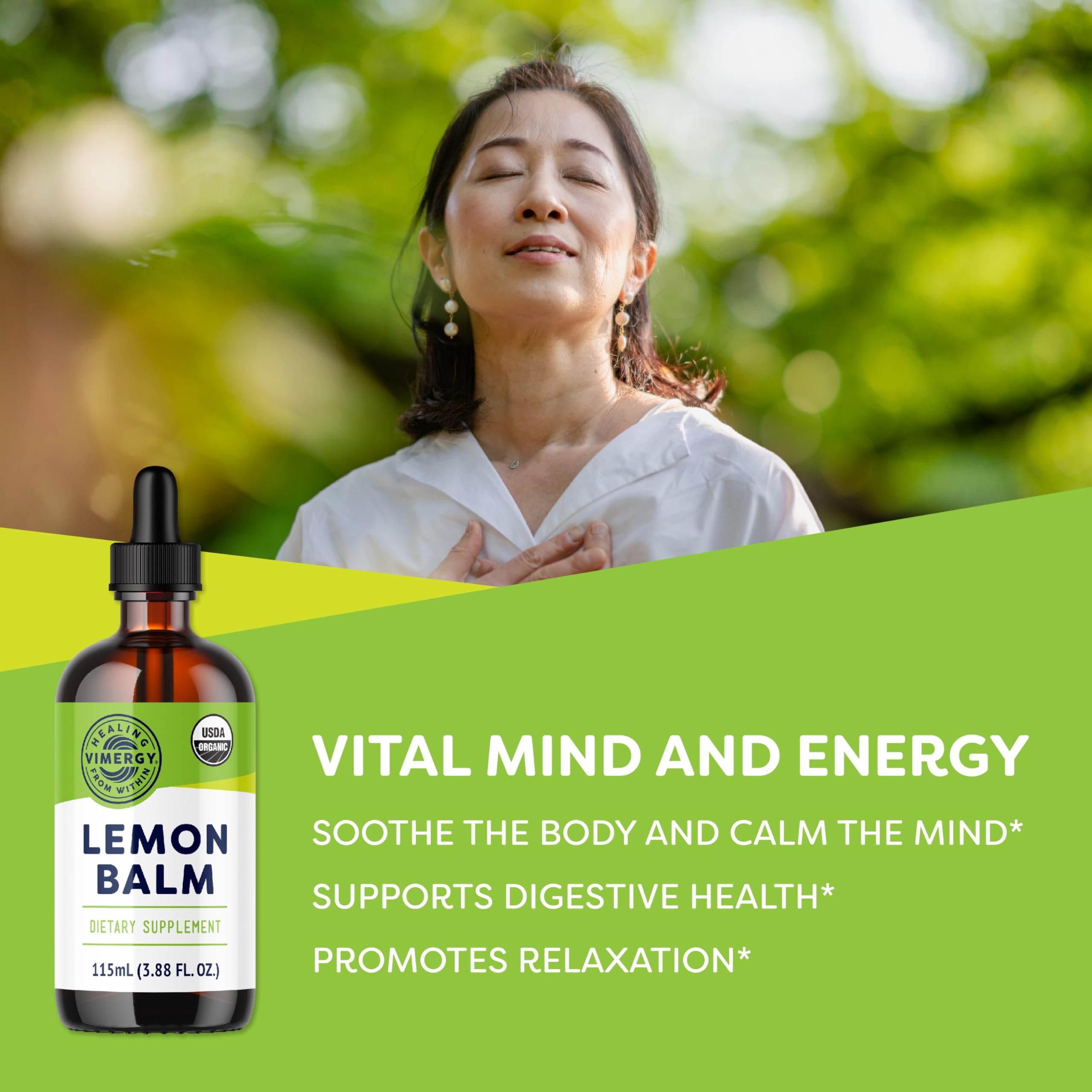 Teinture de mélisse citronnée Vimergy – étiquette claire indiquant les ingrédients et l’usage.
