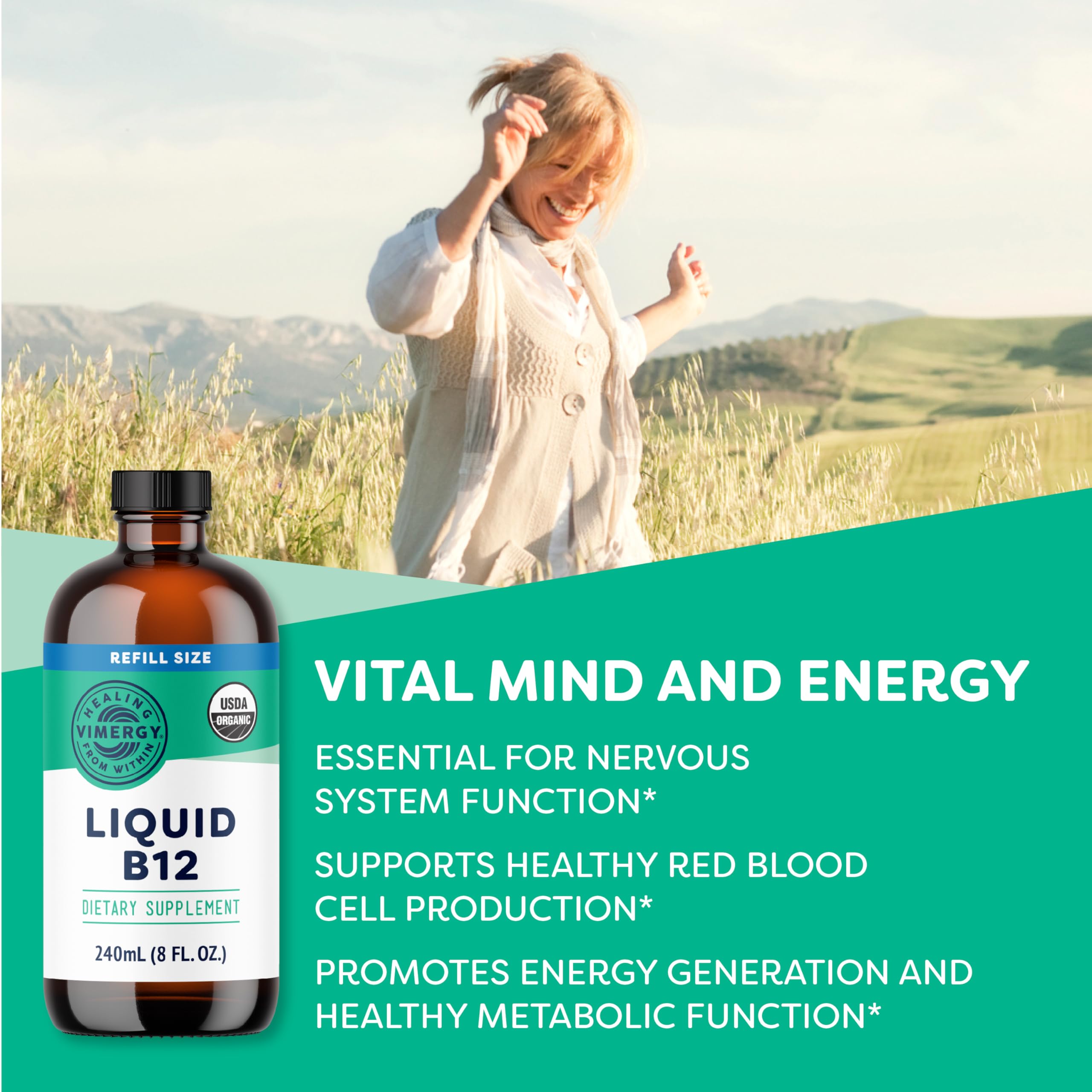 Etiquette bio Vimergy B12 Refill, forme active et biodisponible.