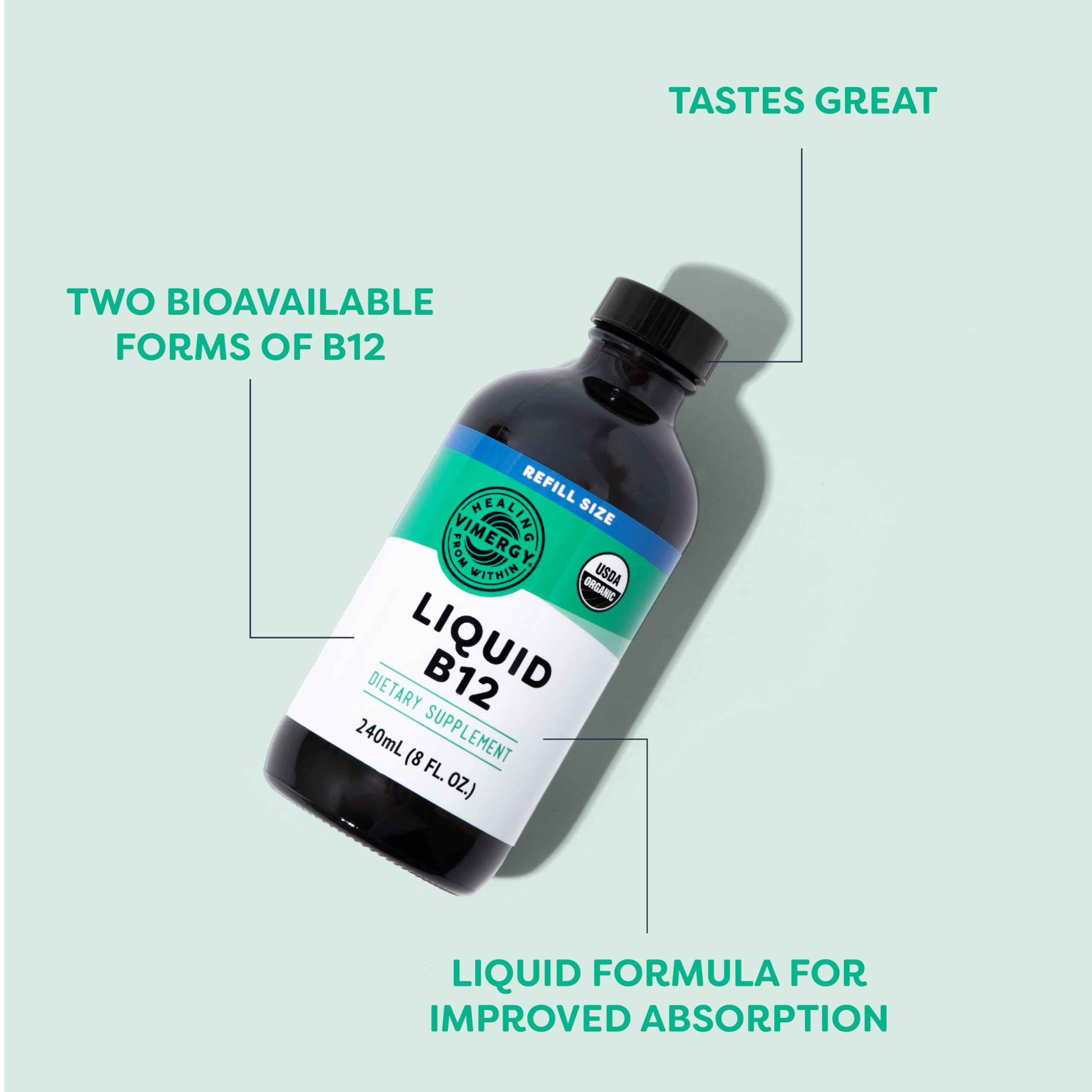 Gouttes Vimergy B12 Refill en gros plan démontrant texture fluide.