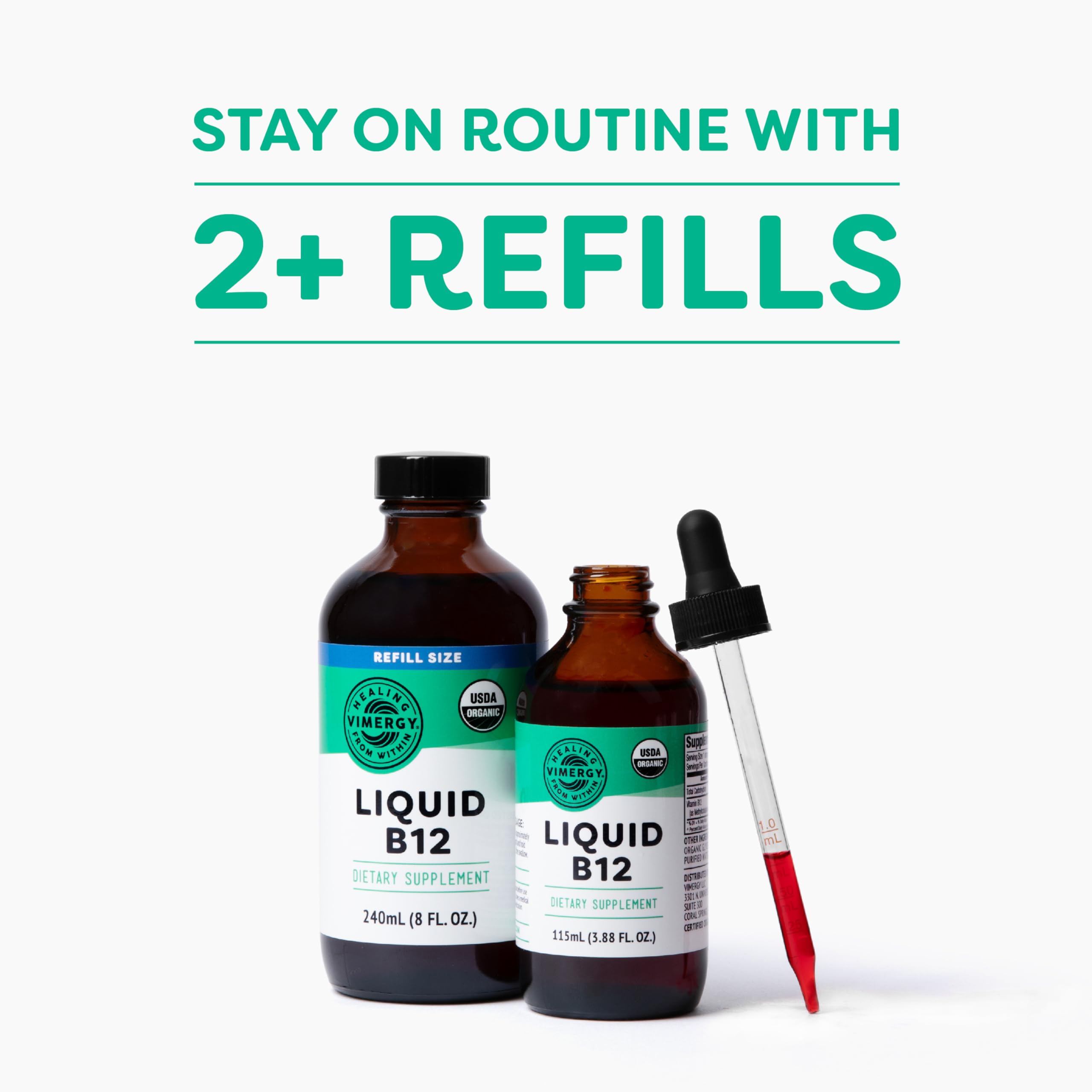 Gouttes Vimergy B12 Refill versées dans un verre pour énergie potentielle.