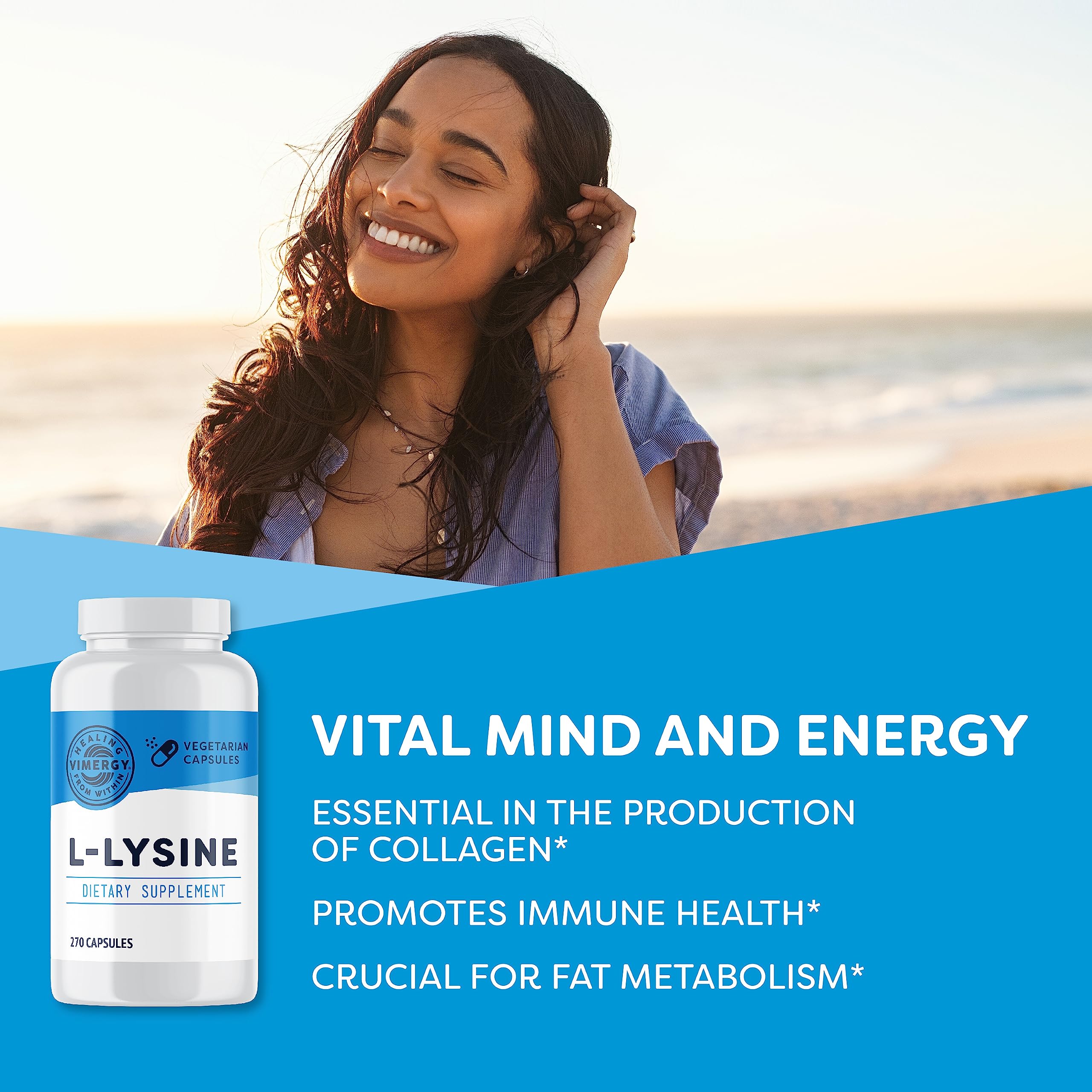 Bouteille ouverte Vimergy Lysine, prise facile en déplacement.