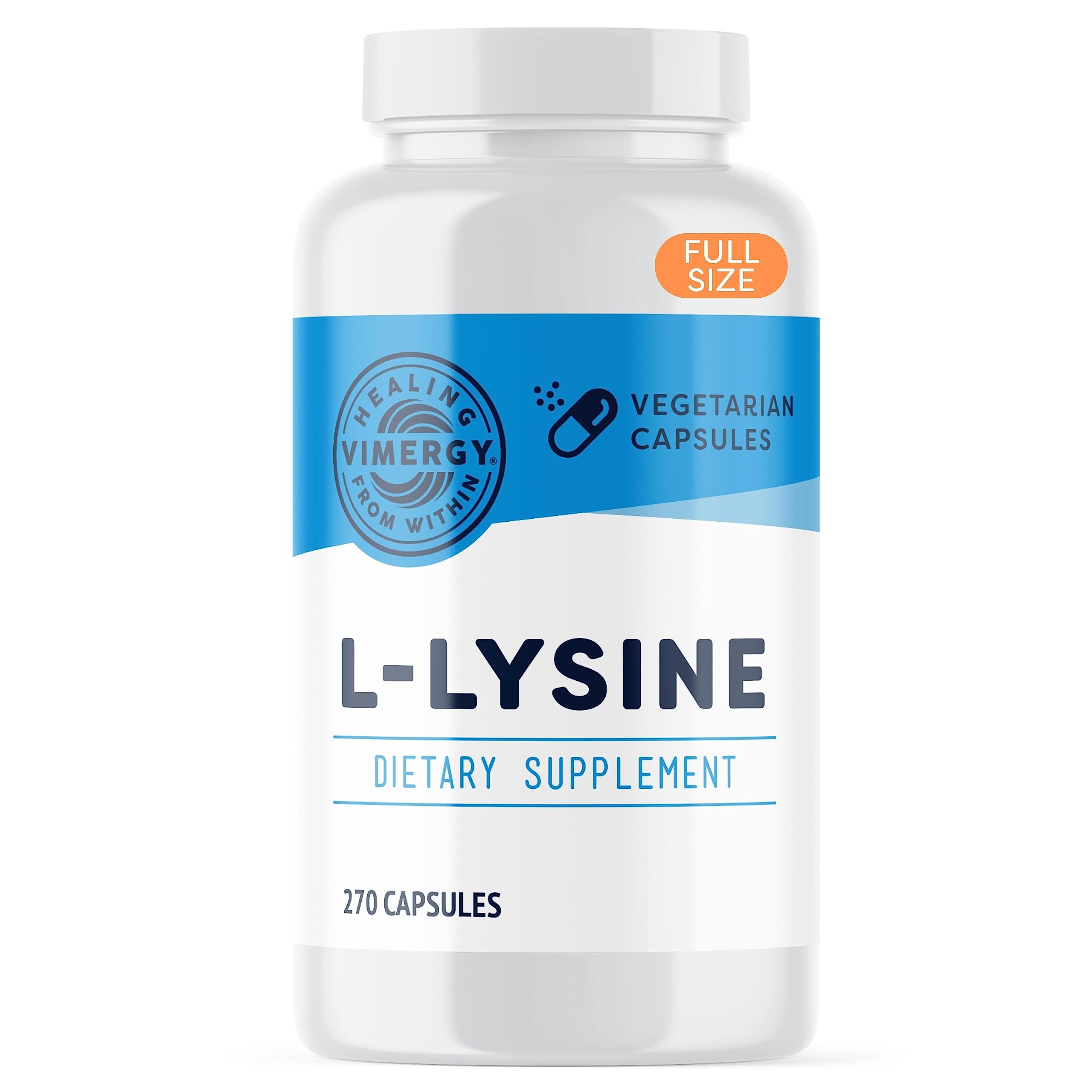 Capsules Vimergy Lysine dans la bouteille, pratique pour l’ajout à votre routine quotidienne.