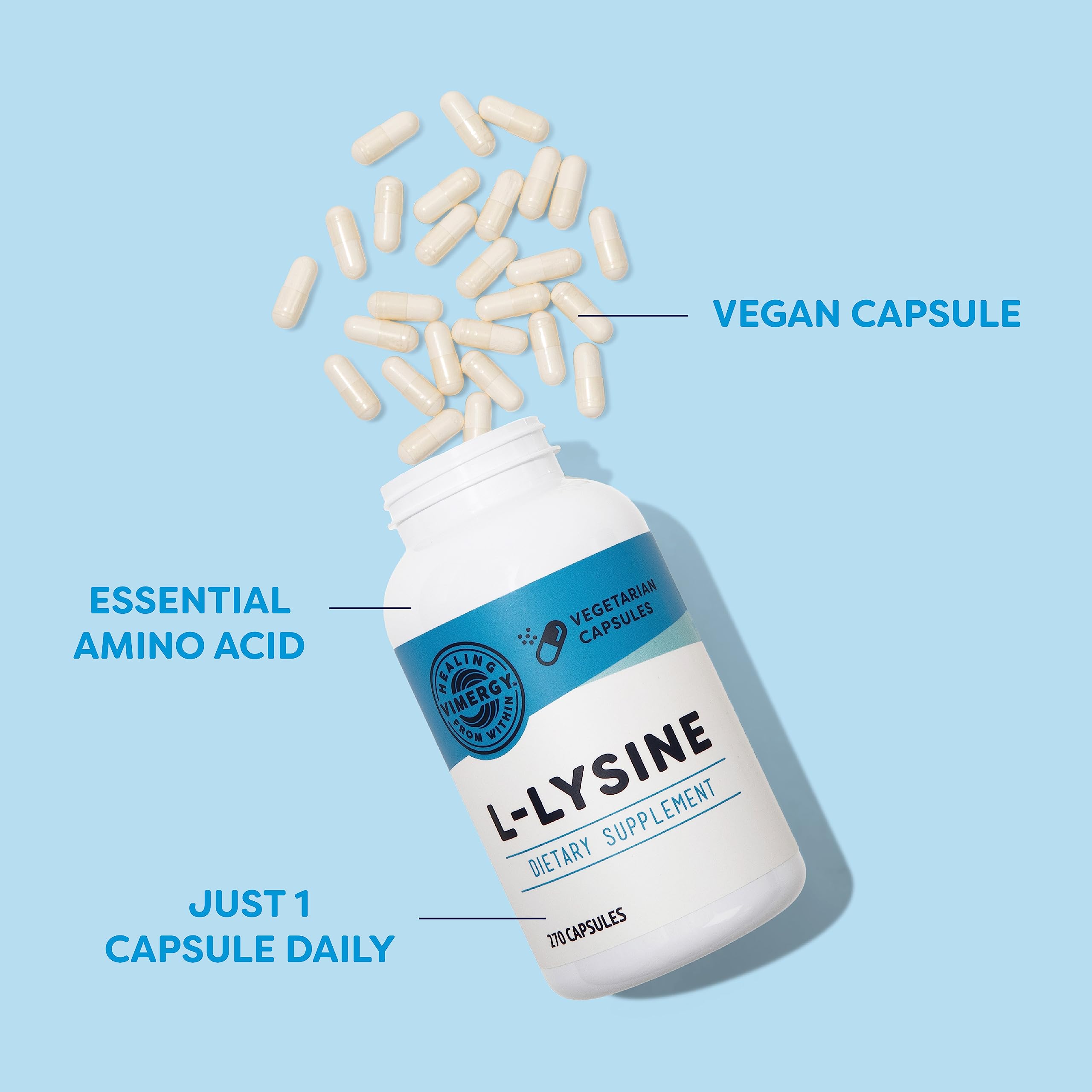 Capsules Vimergy Lysine posées sur planche, rangement clair et rapide.