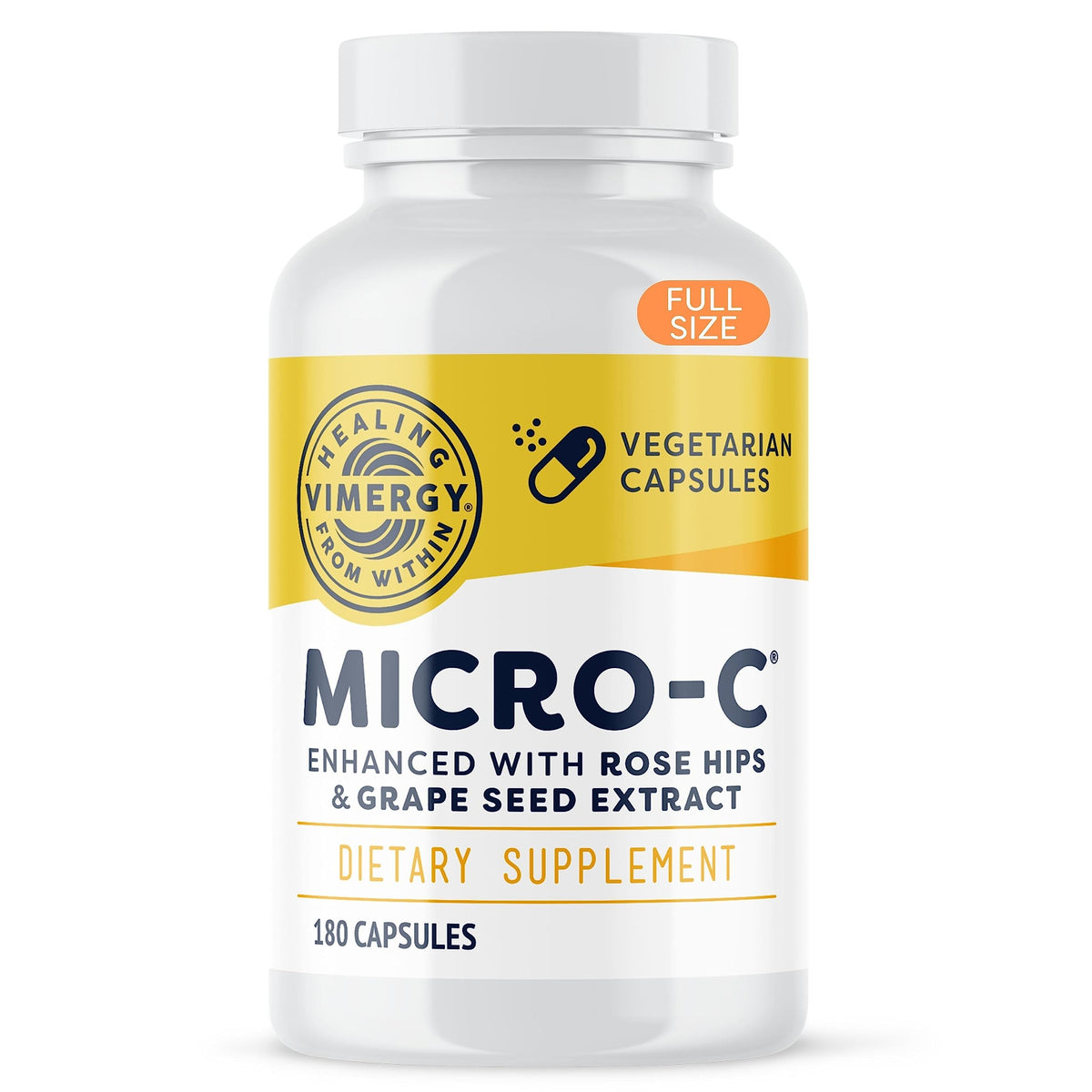 Vimergy Micro-C, capsules 500 mg dans une bouteille, soutien immunitaire potentiel.