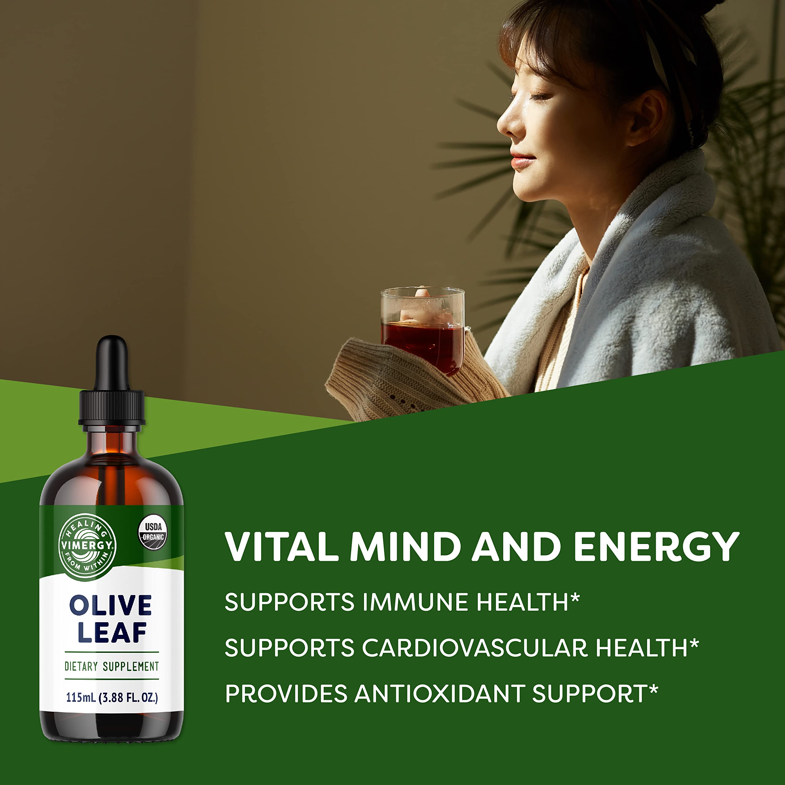 Pouring Vimergy Olive Leaf Liquid demonstrates easy, fast-absorb dosing.