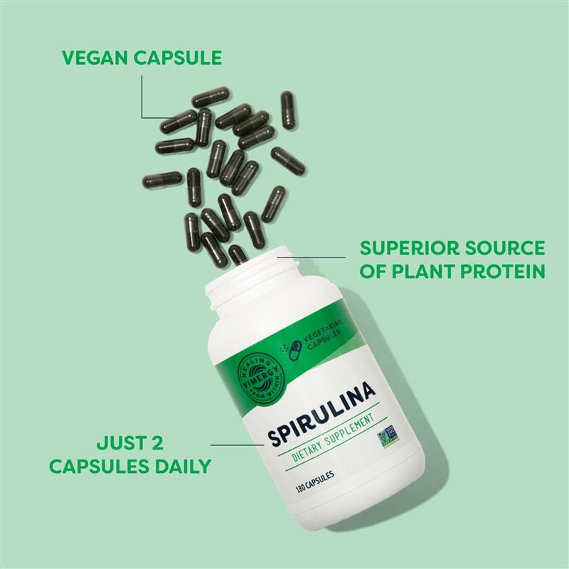 Bouteille Vimergy Spiruline – 180 gélules, format pratique pour le quotidien.