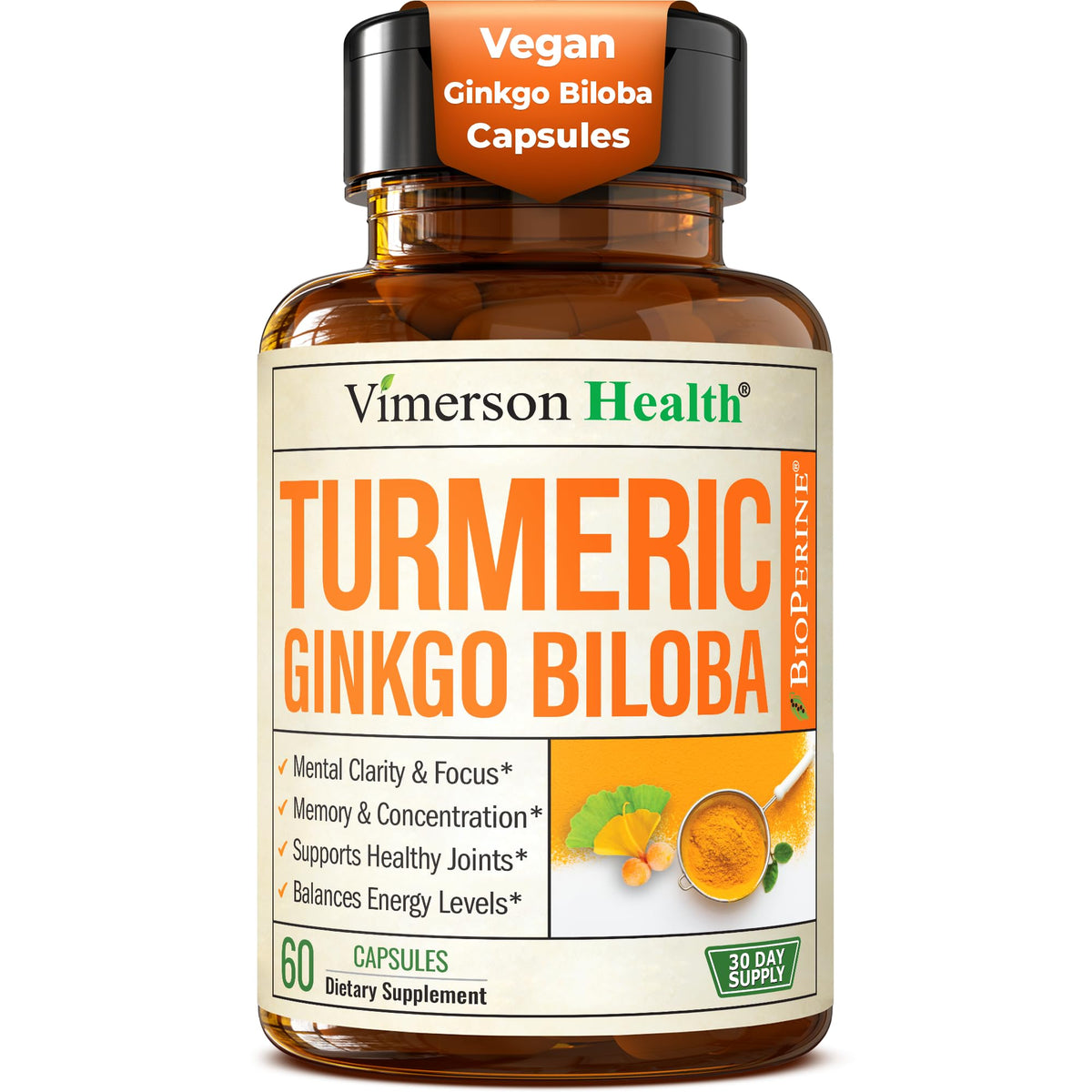 Bouteille Vimerson Health Ginkgo Biloba Curcuma pour la clarté mentale.