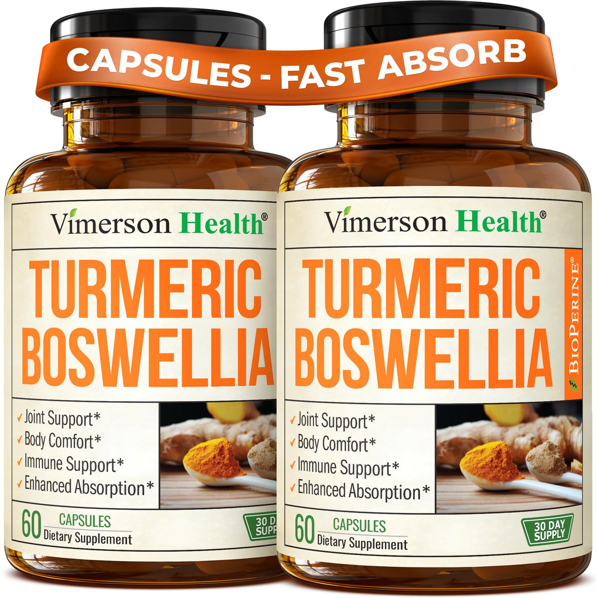 Vimerson Health: capsules curcuma boswellia gingembre pour soutien articulaire et mobilité.