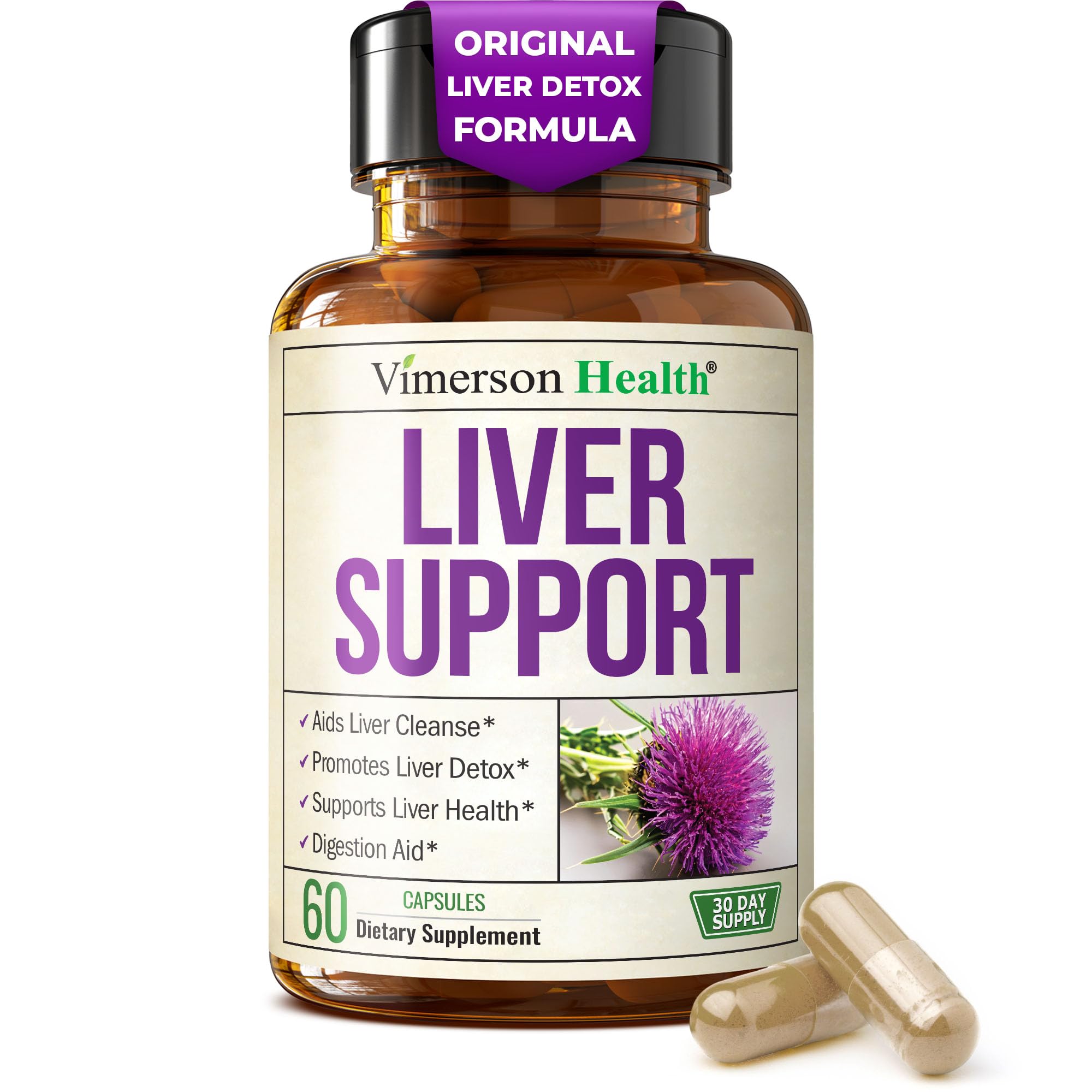 Capsules Vimerson Health dans une bouteille, soutien potentiel au foie et à la digestion.