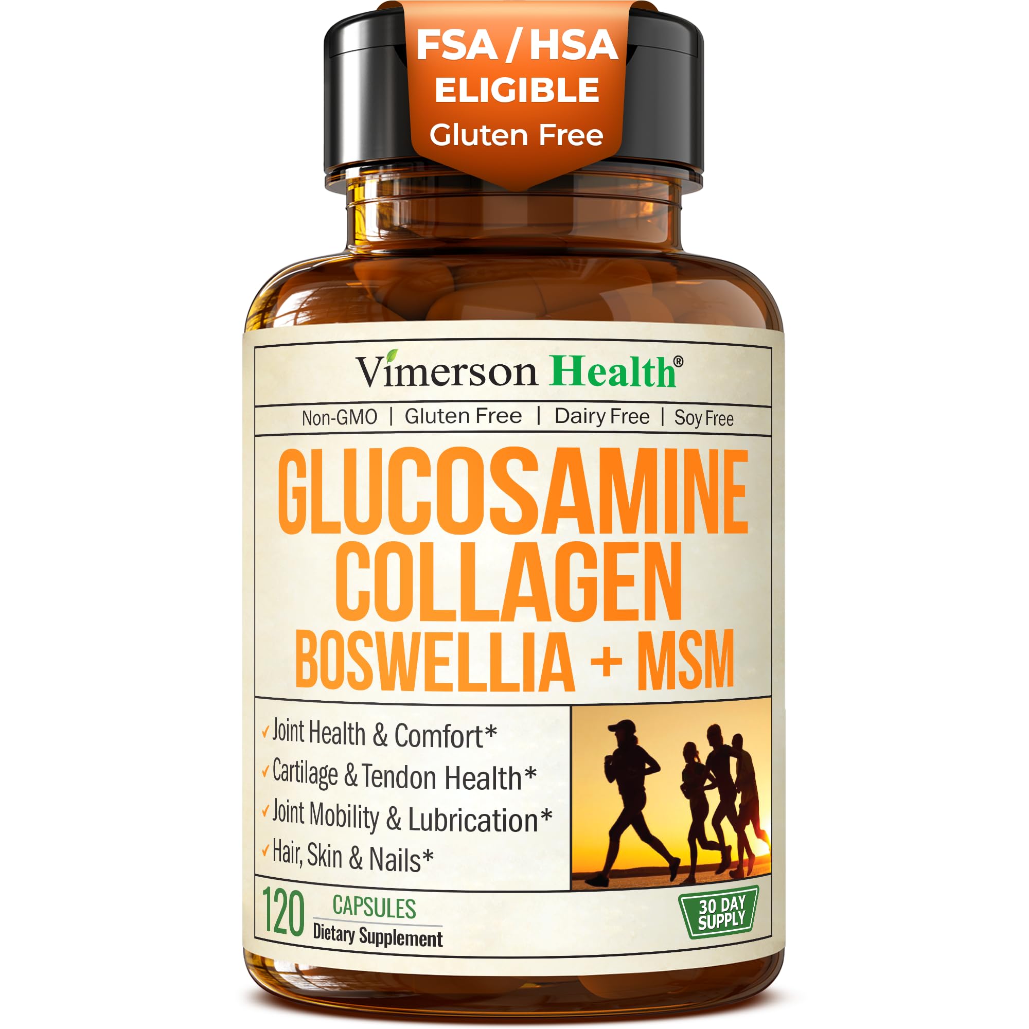 Vimerson Health glucosamine chondro MSM en bouteille pour la mobilité articulaire.
