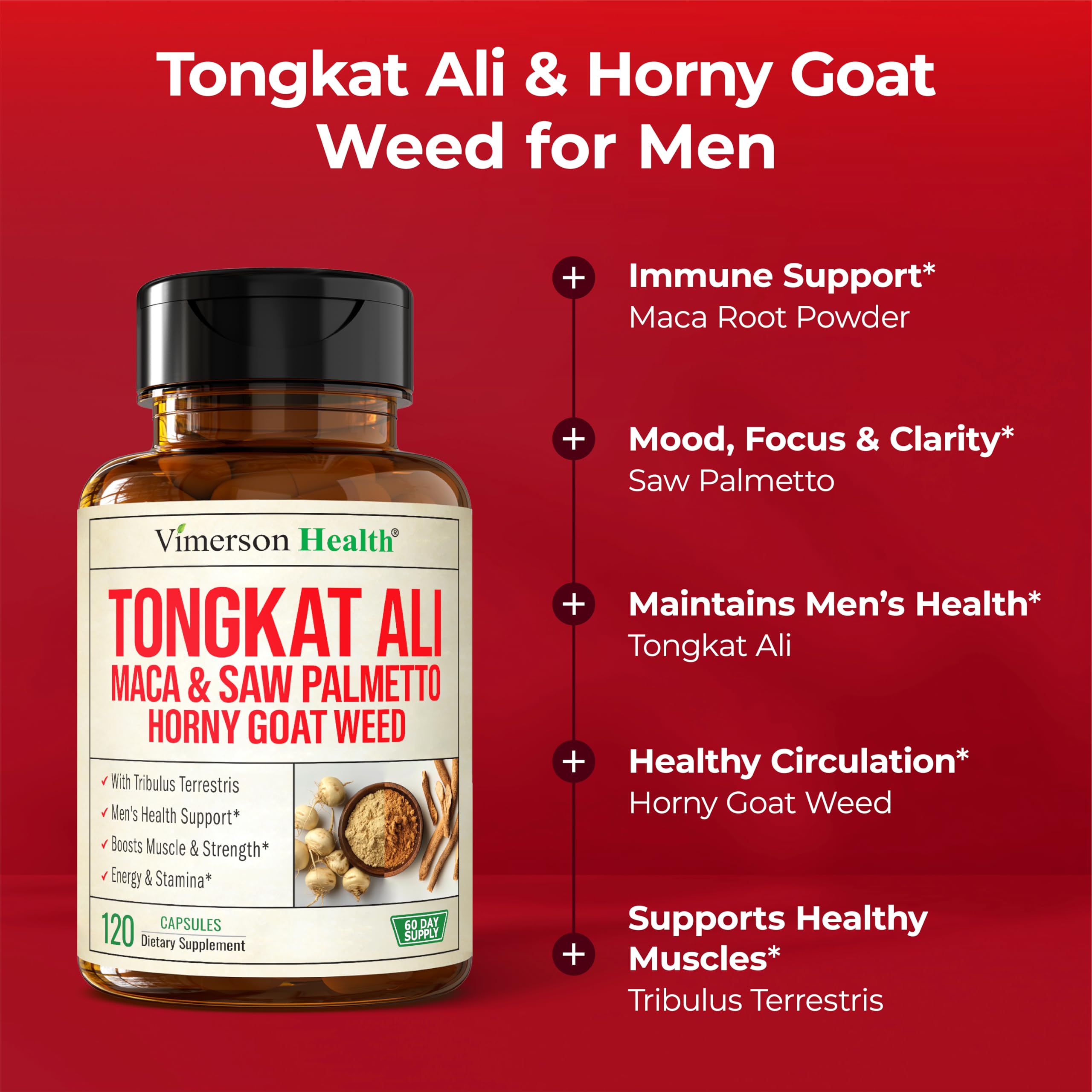 Vimerson Health HornyGoatWeed — Tribulus et L-Arginine, ingrédients liés à la récupération et flux sanguin.