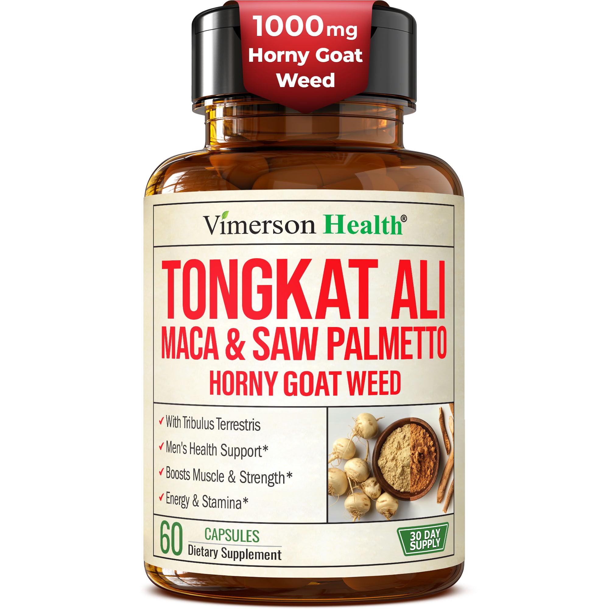 Vimerson Health HornyGoatWeed bouteille et emballage, soutien durable à l’endurance masculine.