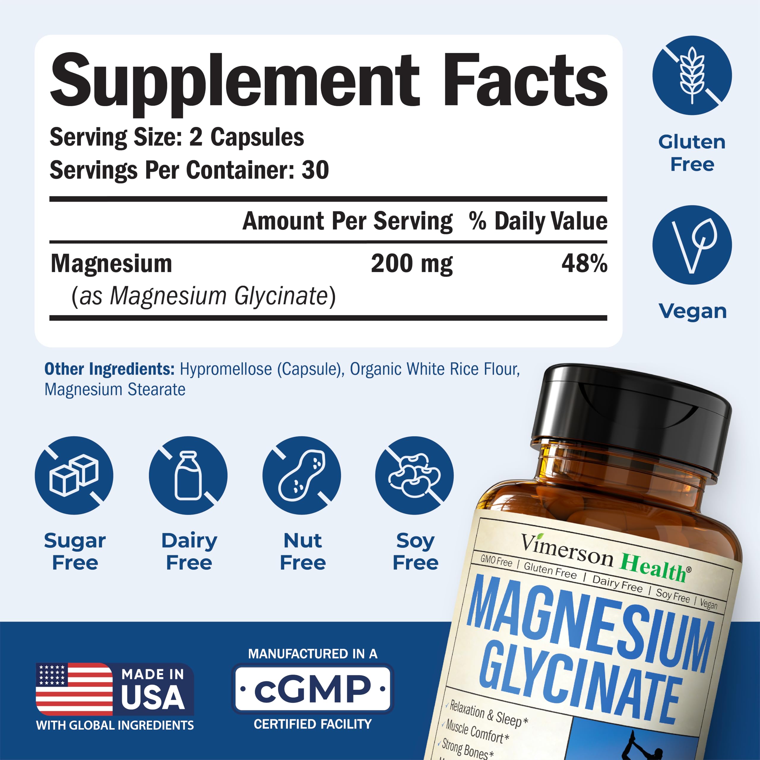 Étiquette claire Vimerson Health Magnésium Glycinate 200 mg – qualité et transparence