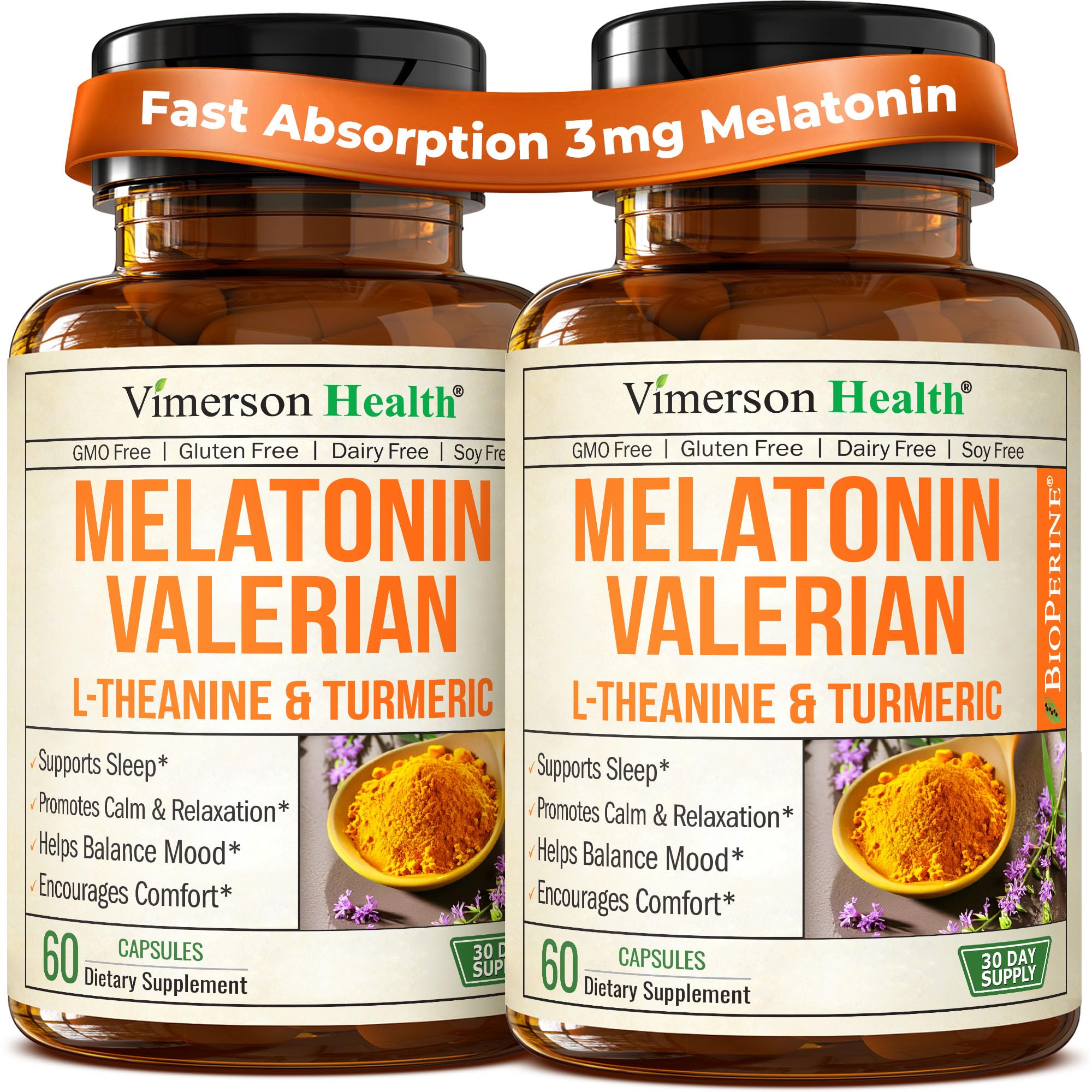 Vimerson Health mélatonine 3 mg et L-theanine, bouteille montrée, soutien au sommeil durable.