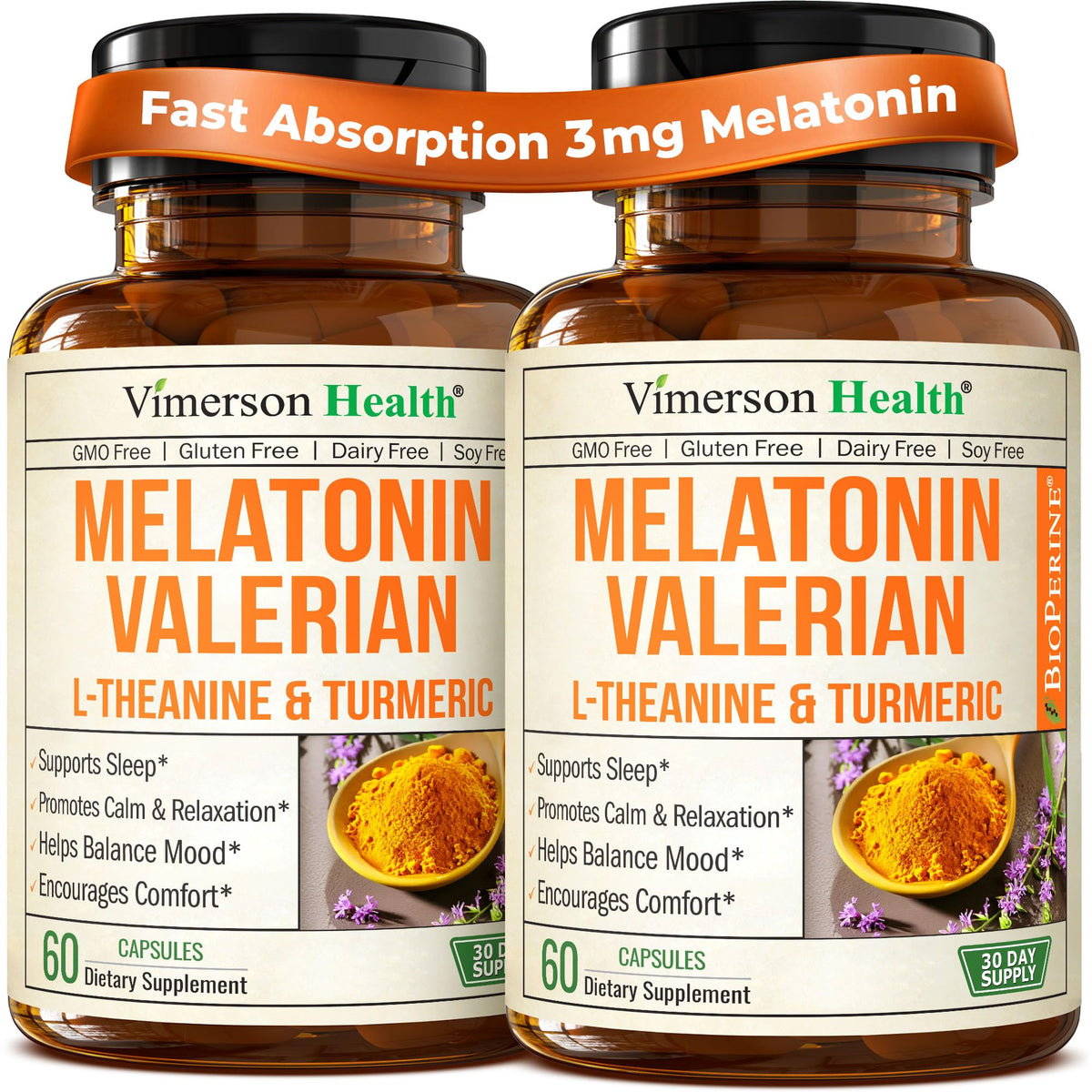 Vimerson Health mélatonine 3 mg et L-theanine, bouteille montrée, soutien au sommeil durable.