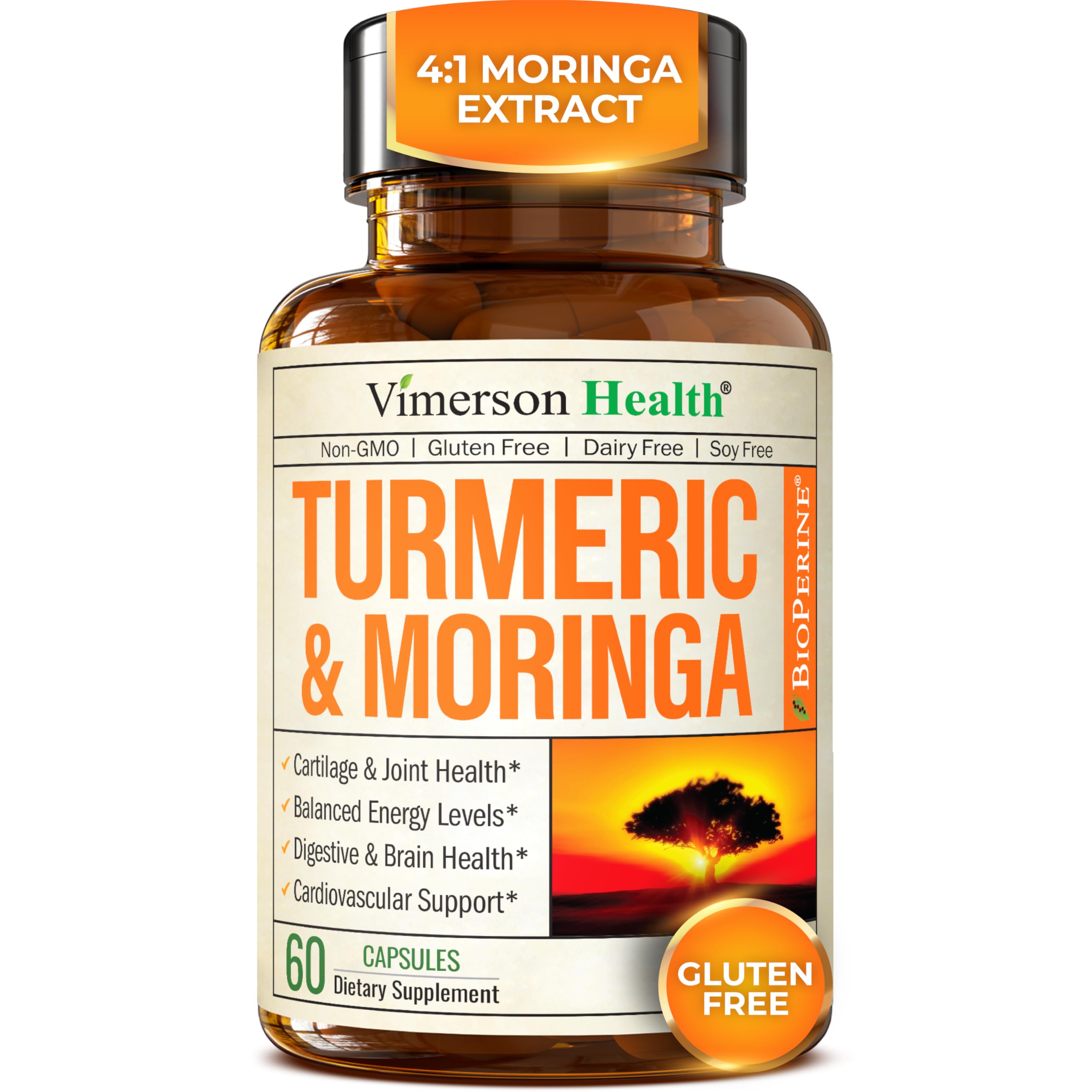 Vimerson Health Moringa Turmeric - bouteille: soutien articulations et énergie quotidienne.
