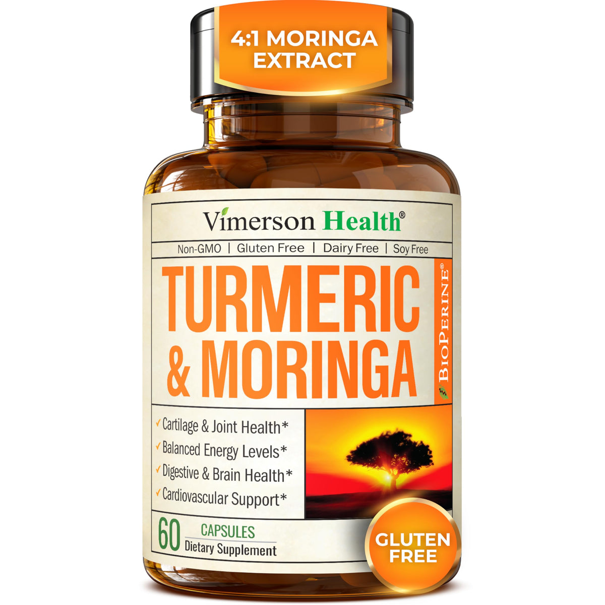 Vimerson Health Moringa Turmeric - bouteille: soutien articulations et énergie quotidienne.