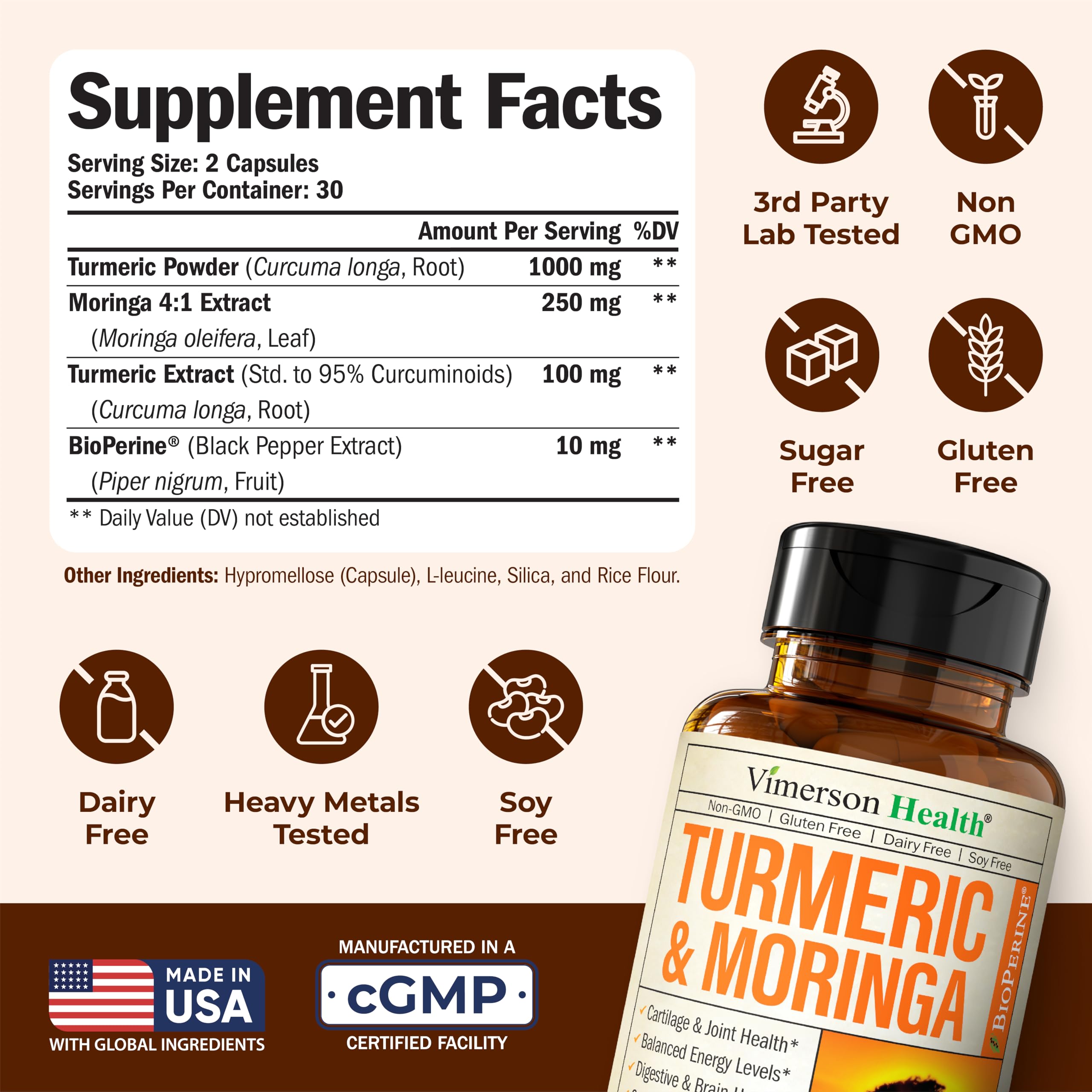 Vimerson Health Moringa Turmeric - étiquette: ingrédients naturels et format pratique.