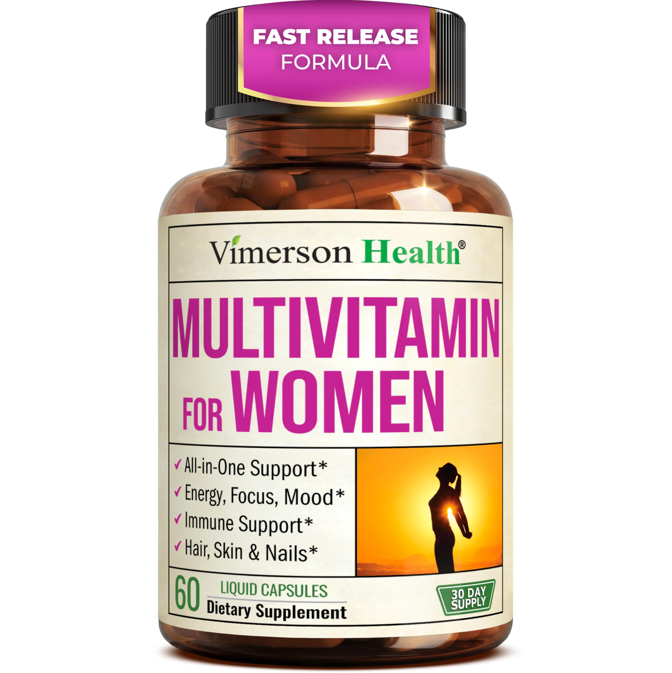 Vimerson Health Multivitamine pour femmes, bouteille affichée, soutien potentiel énergie.