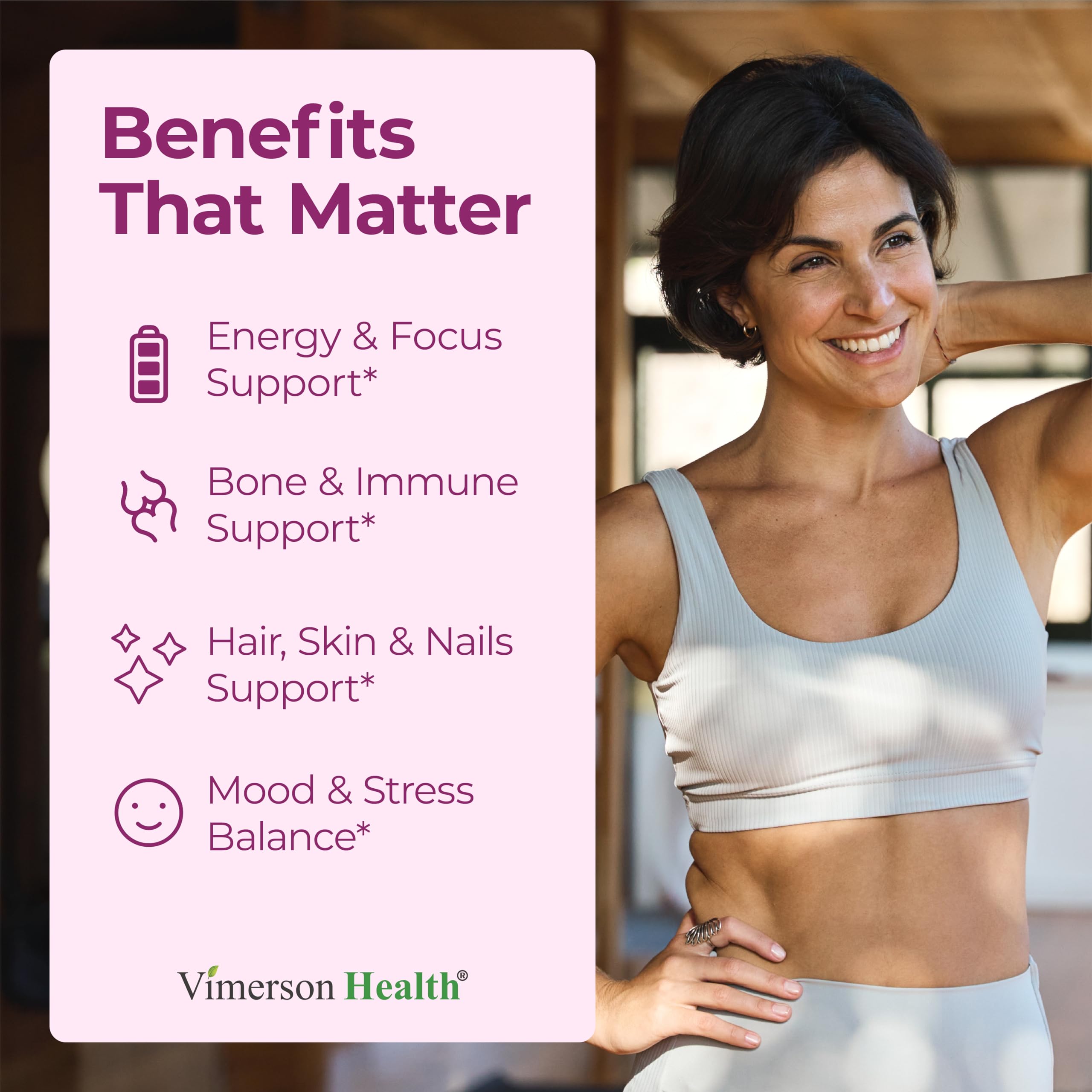 Ingrédients biodisponibles Vimerson Health pour femmes, source fiable de nutriments.