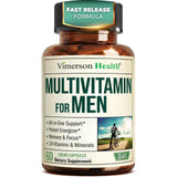 Vimerson Health multivitamine homme, bouteille exposée, énergie et vitalité quotidiennes.
