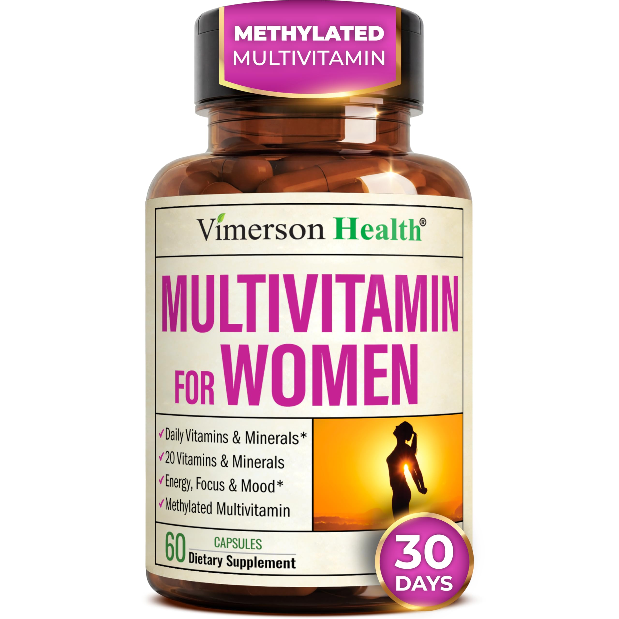 Vimerson Health multivitamines femmes — bouteille visible, soutien énergétique quotidien et équilibre nutritionnel.