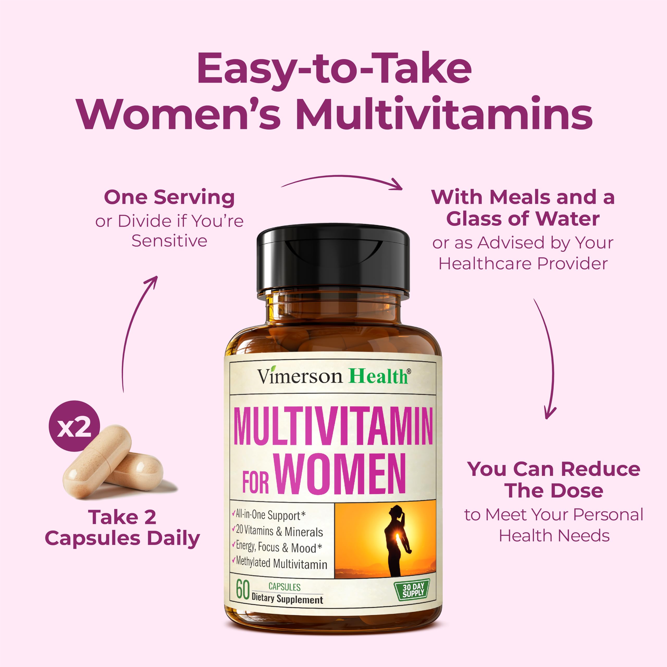 Vimerson Health multivitamines femmes — routine quotidienne simplifiée sans sucre ni charges inutiles.
