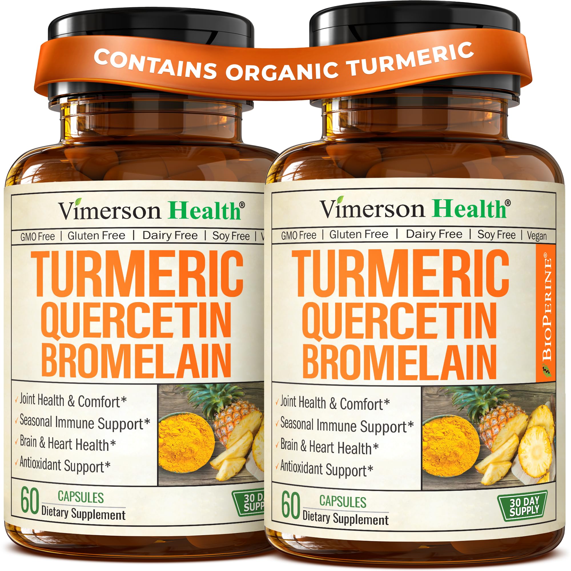 Vimerson Health Quercétine Bromélaïne Curcumine, bouteille pratique et facile à prendre