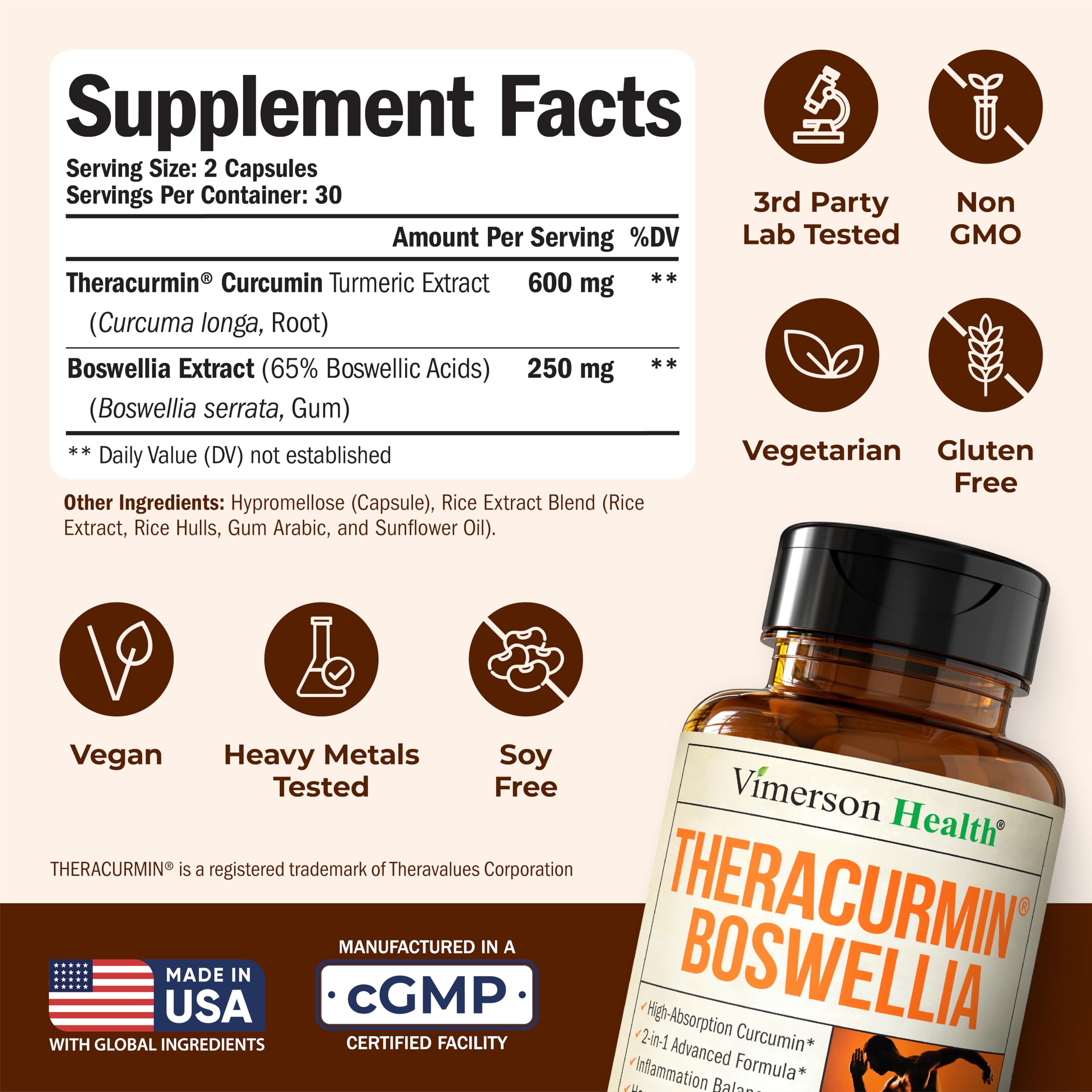 Capsules vegan Vimerson Health Theracurmin Curcuma Boswellia, prise facile et biodisponible.