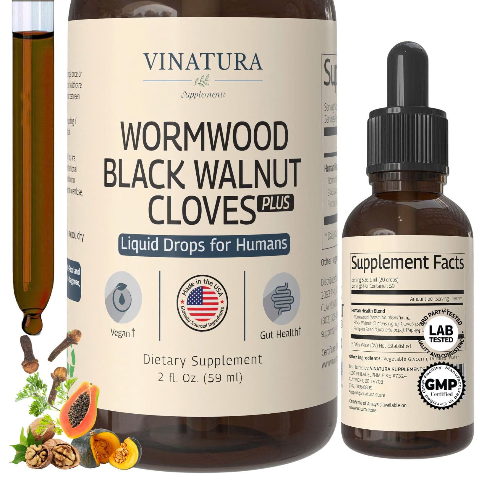 VINATURA Absinthe-Noix-Clous Liquide – flacon montrant une formule naturelle pour l'équilibre intestinal.