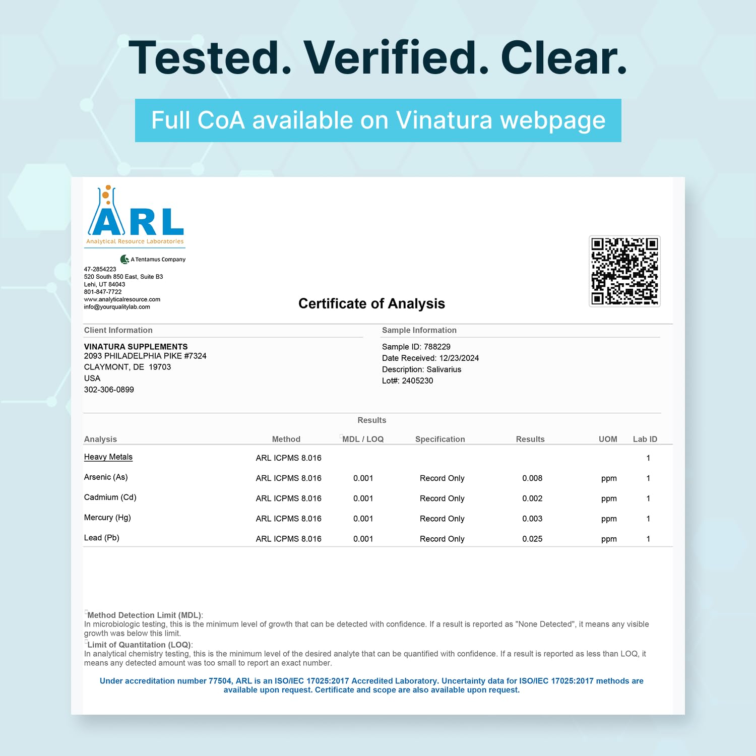 Test en laboratoire américain VINATURA Lactobacillus Salivarius