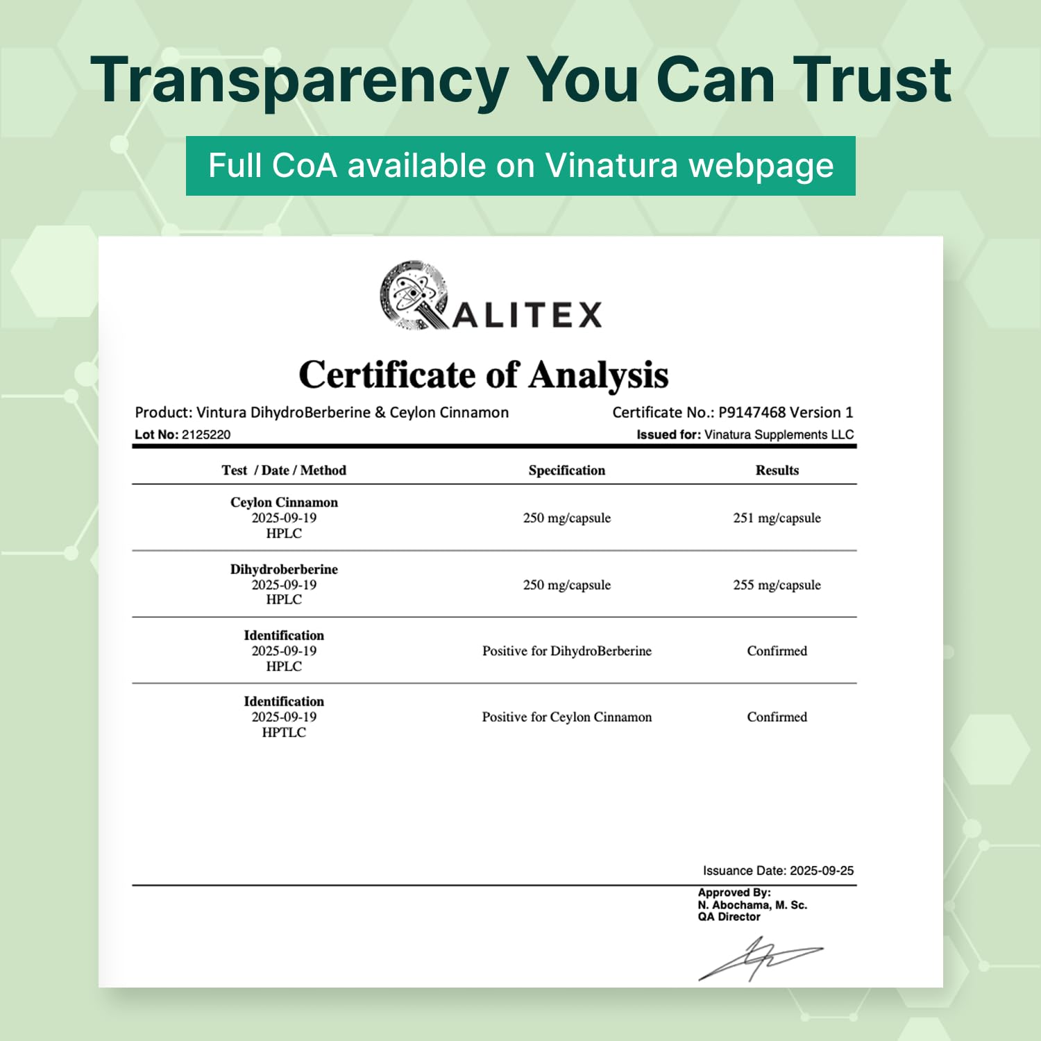 VINATURA usine certifiée cGMP, fabrication américaine.