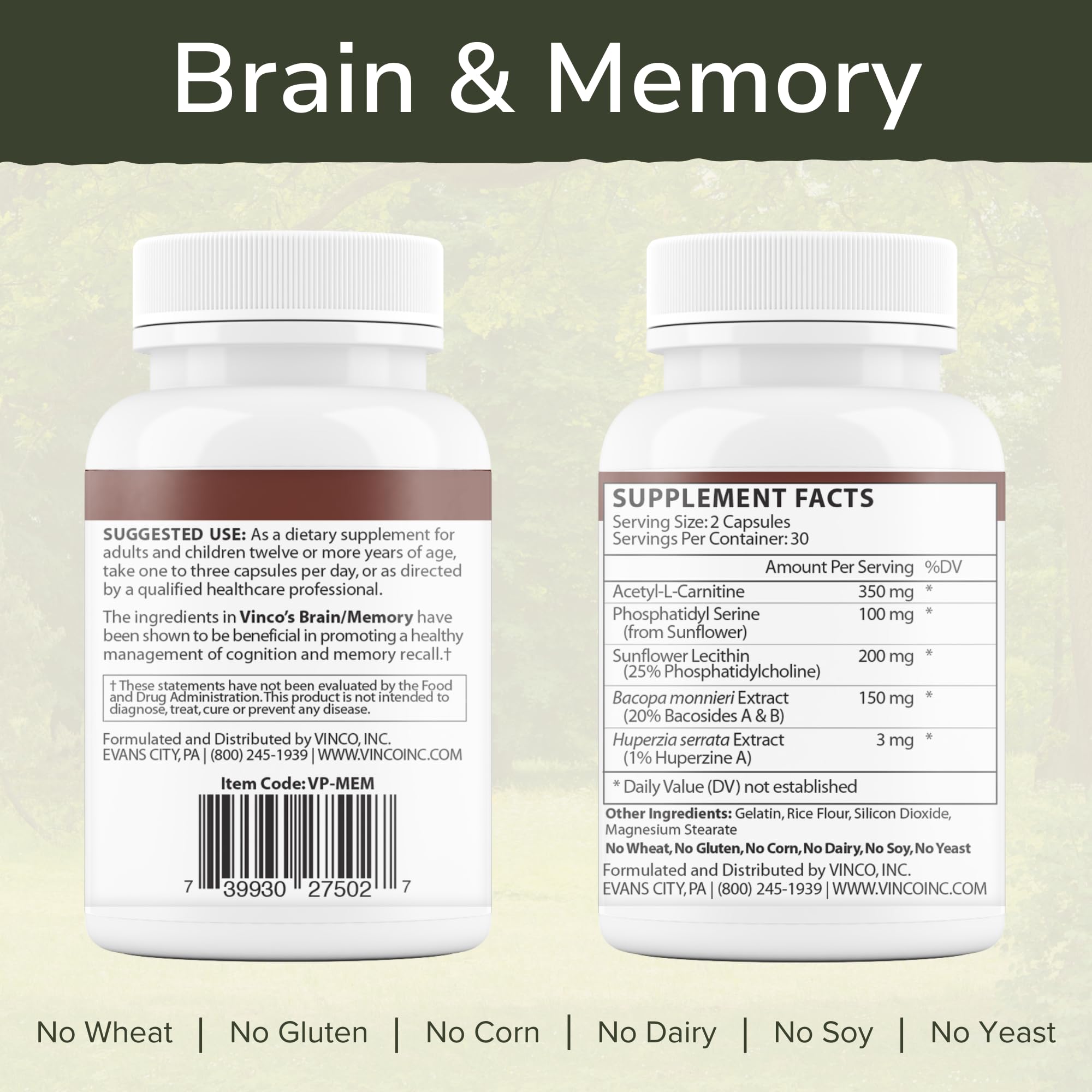 Vinco Cerveau et Mémoire – emballage clair des capsules favorisant mémoire et apprentissage.