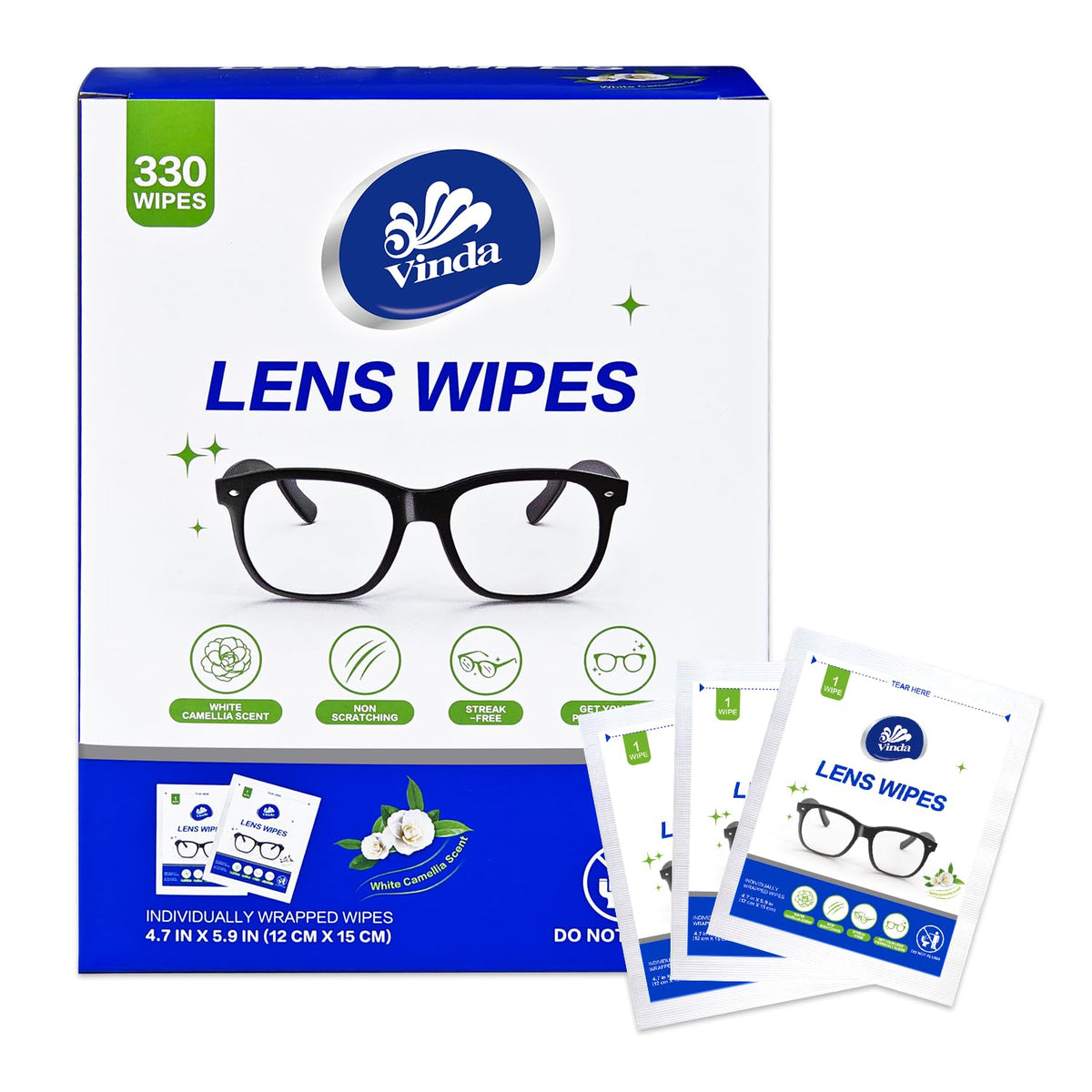 Linguettes Vinda préhumidifiées en emballage individuel pour un rangement pratique et frais.