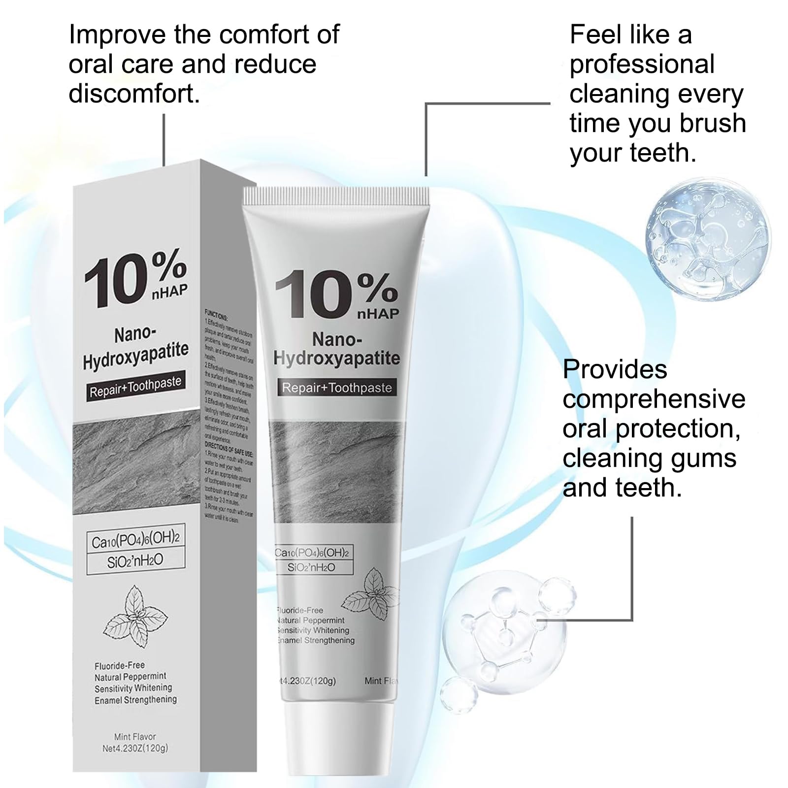 Vingtank dentifrice hydroxyapatite-emballage-etiquette: formulation sans fluor et douceur pour dents sensibles.