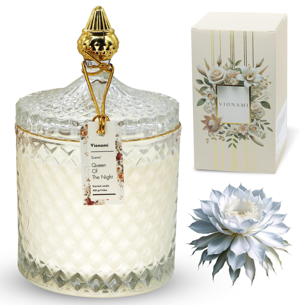 Bougie VIONAMI avec jarre motif diamant, décor élégant et parfum durable pour votre salon