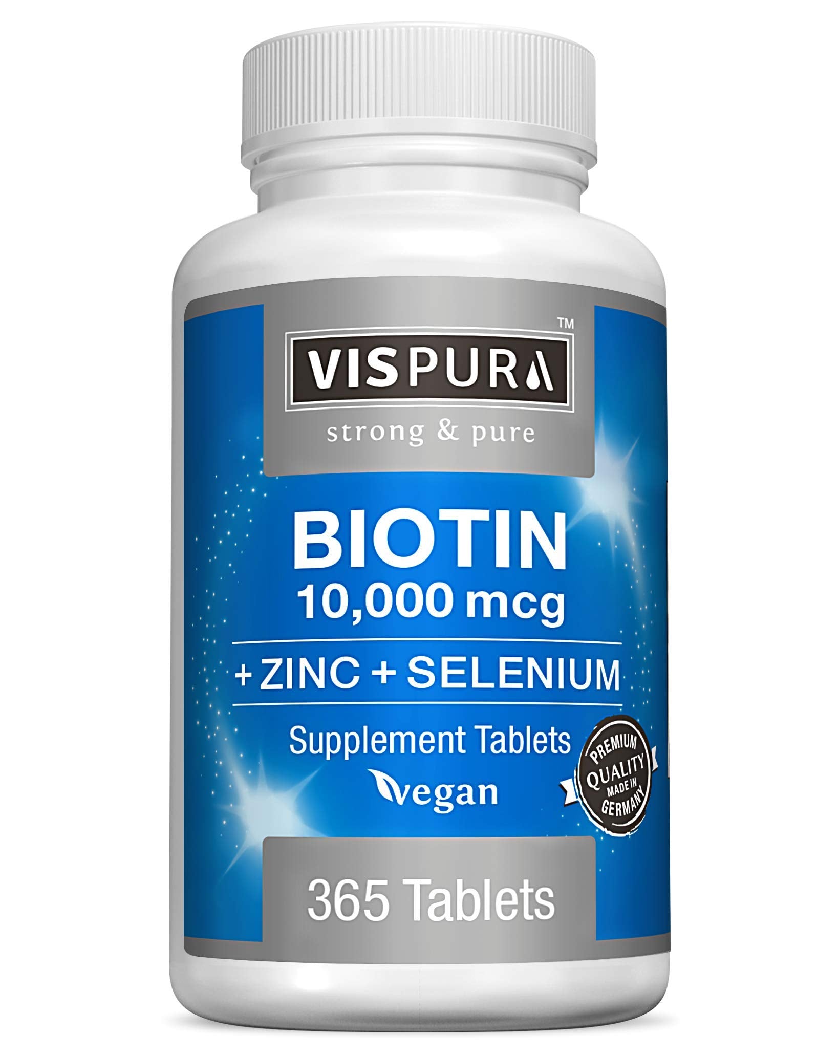Vispura biotine 10000 mcg avec zinc et sélénium, bouteille visible, soutien potentiel cheveux et ongles